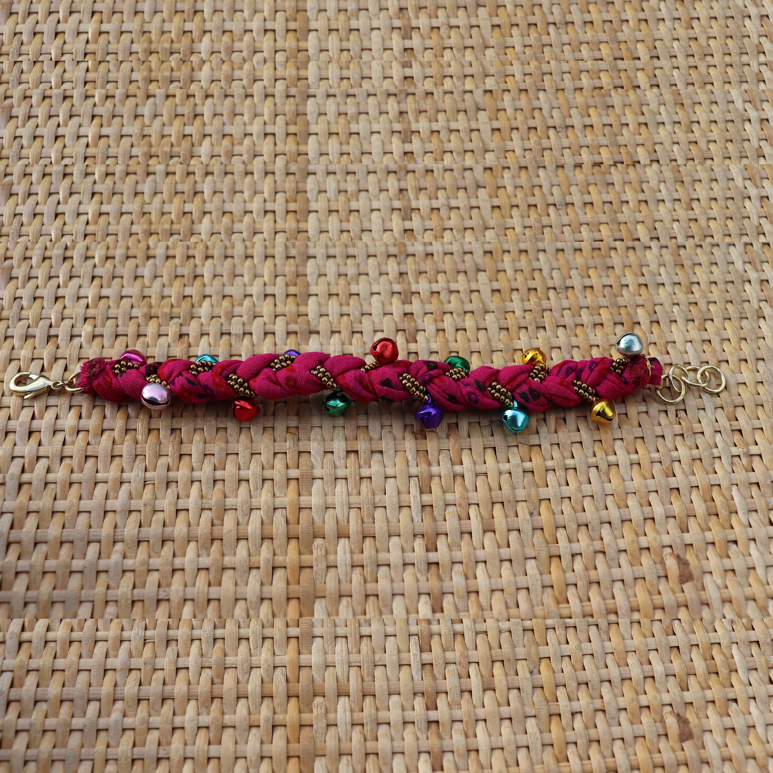 Pink with Multi Coloured Bells - Handmade Vintage Cloth Bracelets