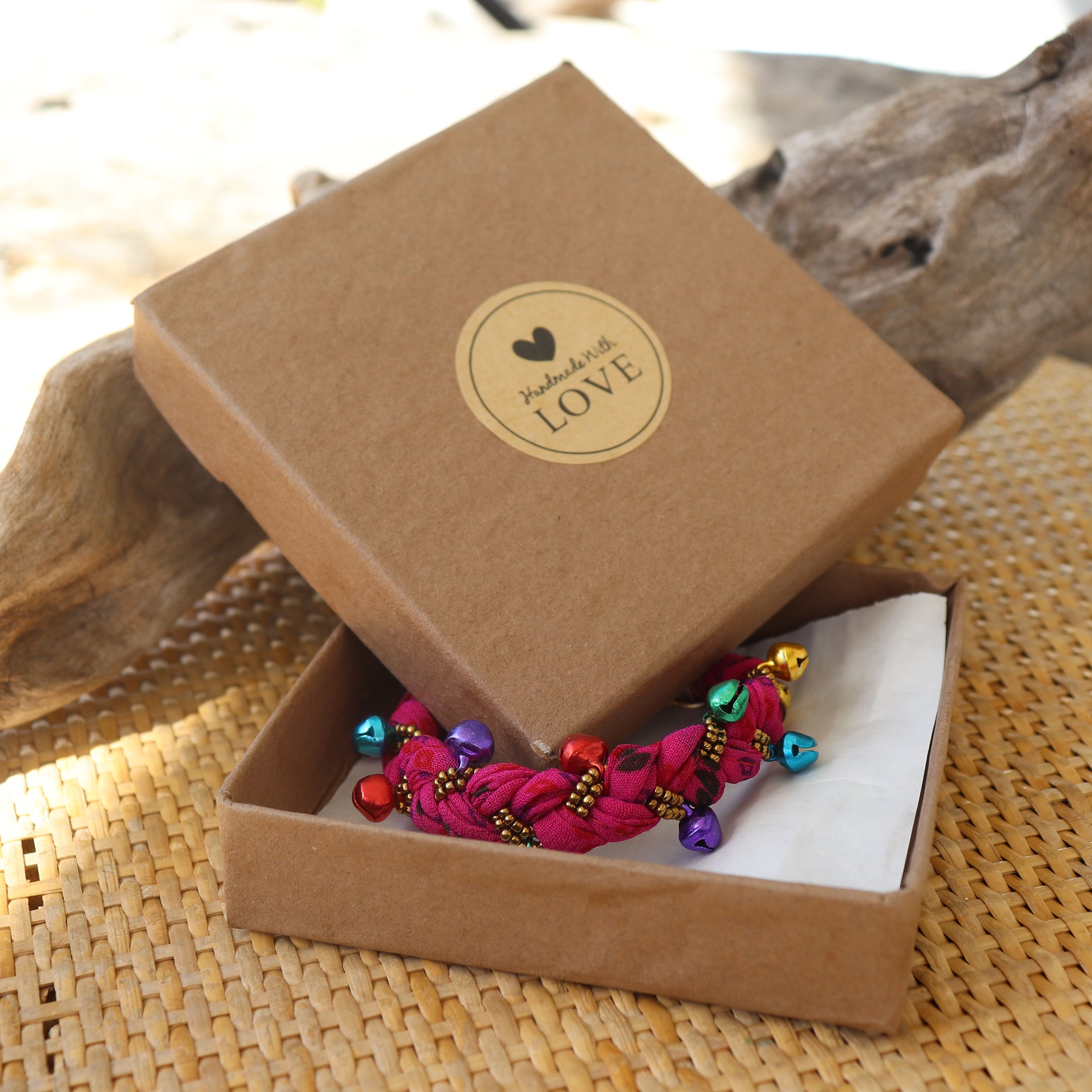 Pink with Multi Coloured Bells - Handmade Vintage Cloth Bracelets