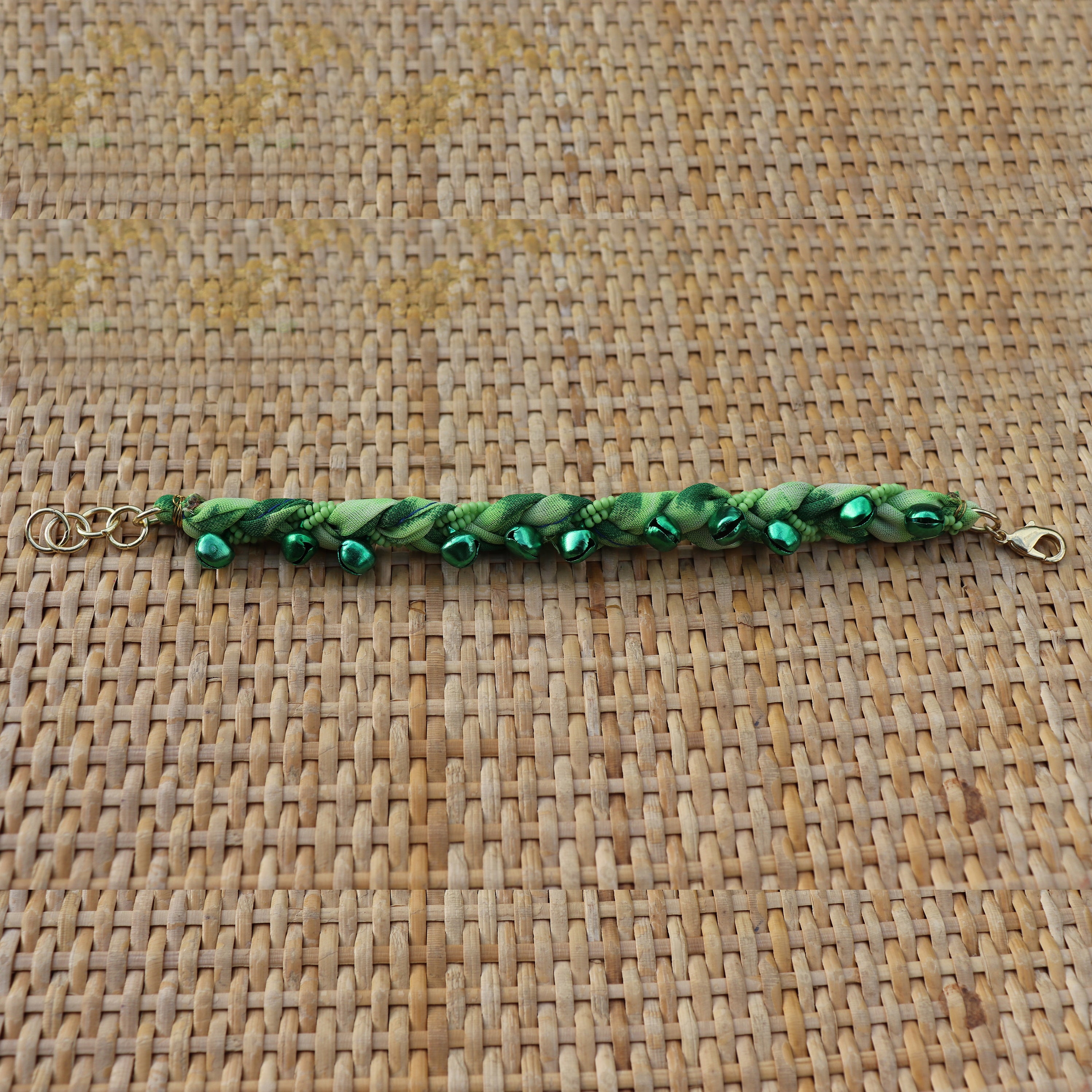 Green with Green Bells - Handmade Vintage Cloth Bracelets