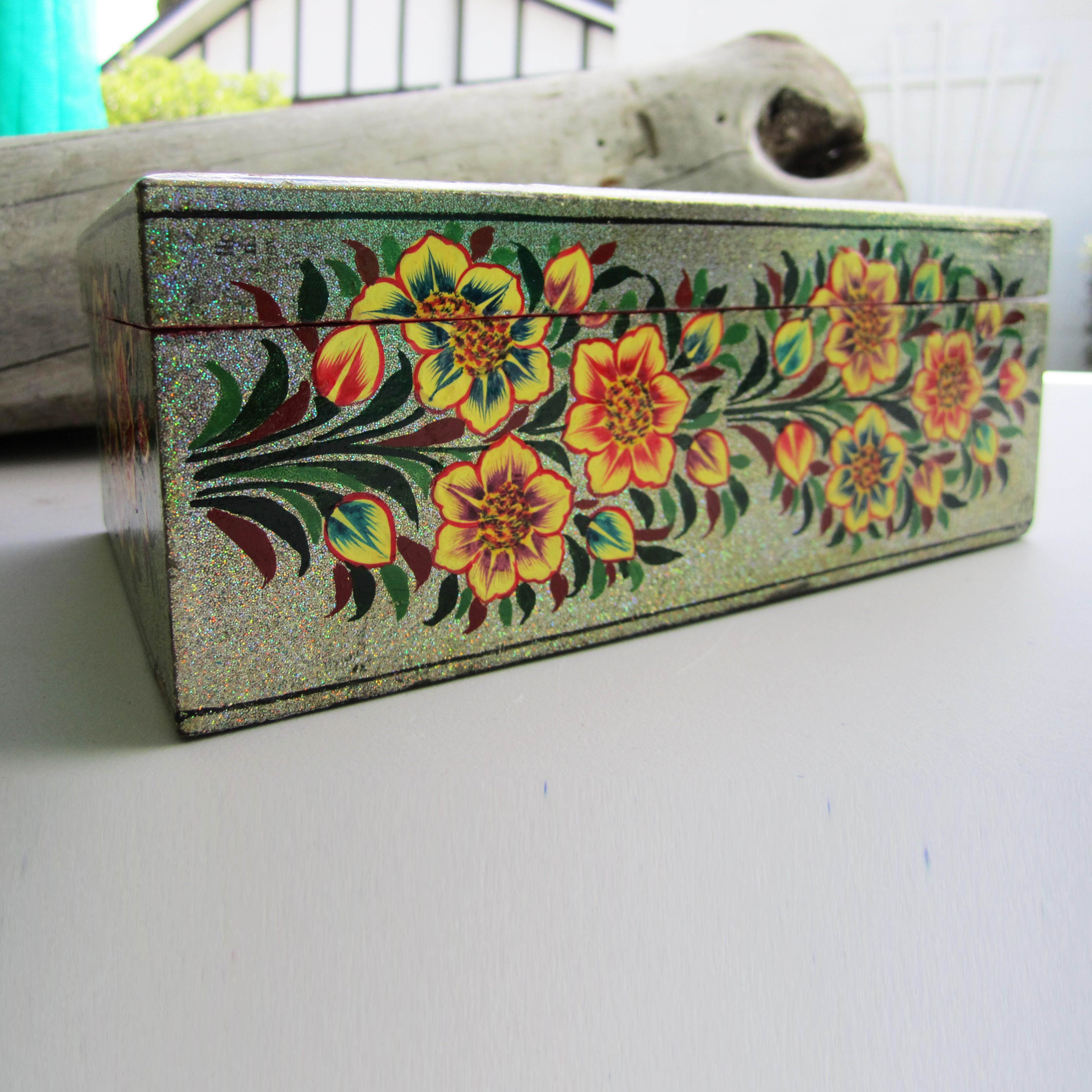 Paper Mache Tissue Paper Box (Grey with yellow flowers)