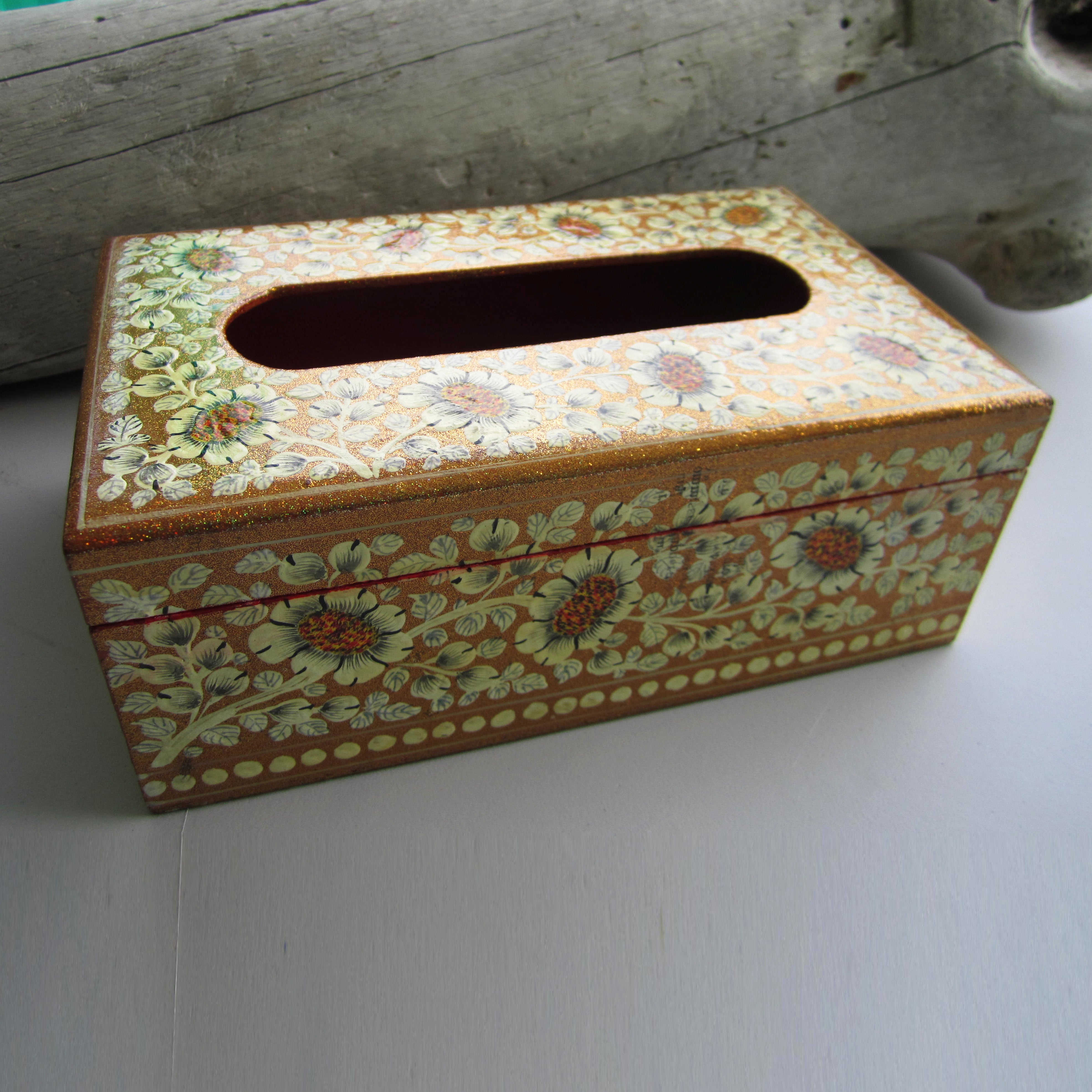 Paper Mache Tissue Paper Box (Gold with white flowers)