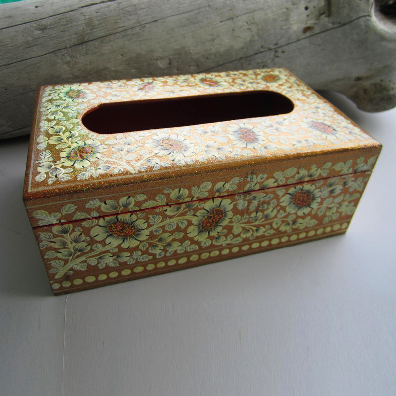 Paper Mache Tissue Paper Box (Gold with white flowers)