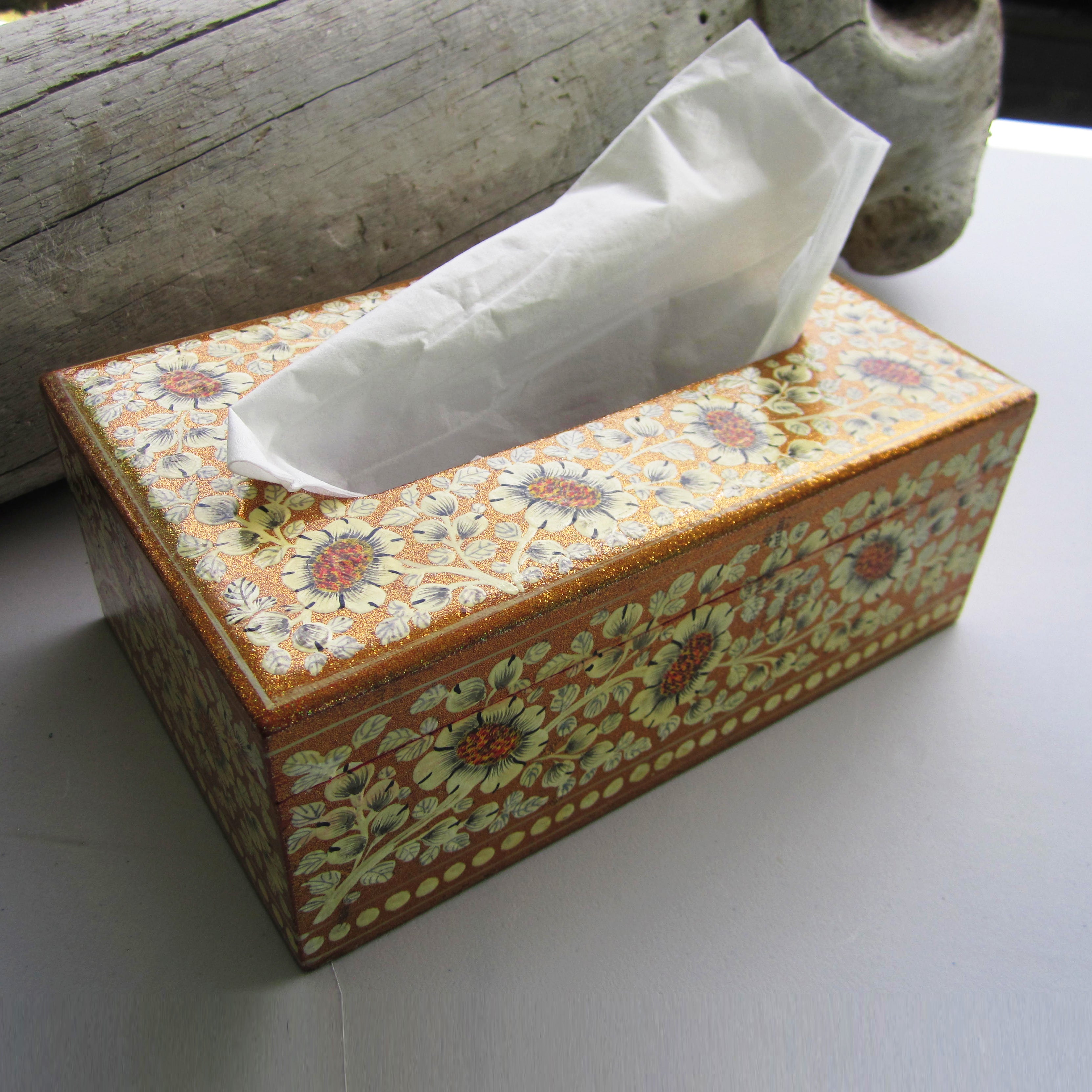 Paper Mache Tissue Paper Box (Gold with white flowers)