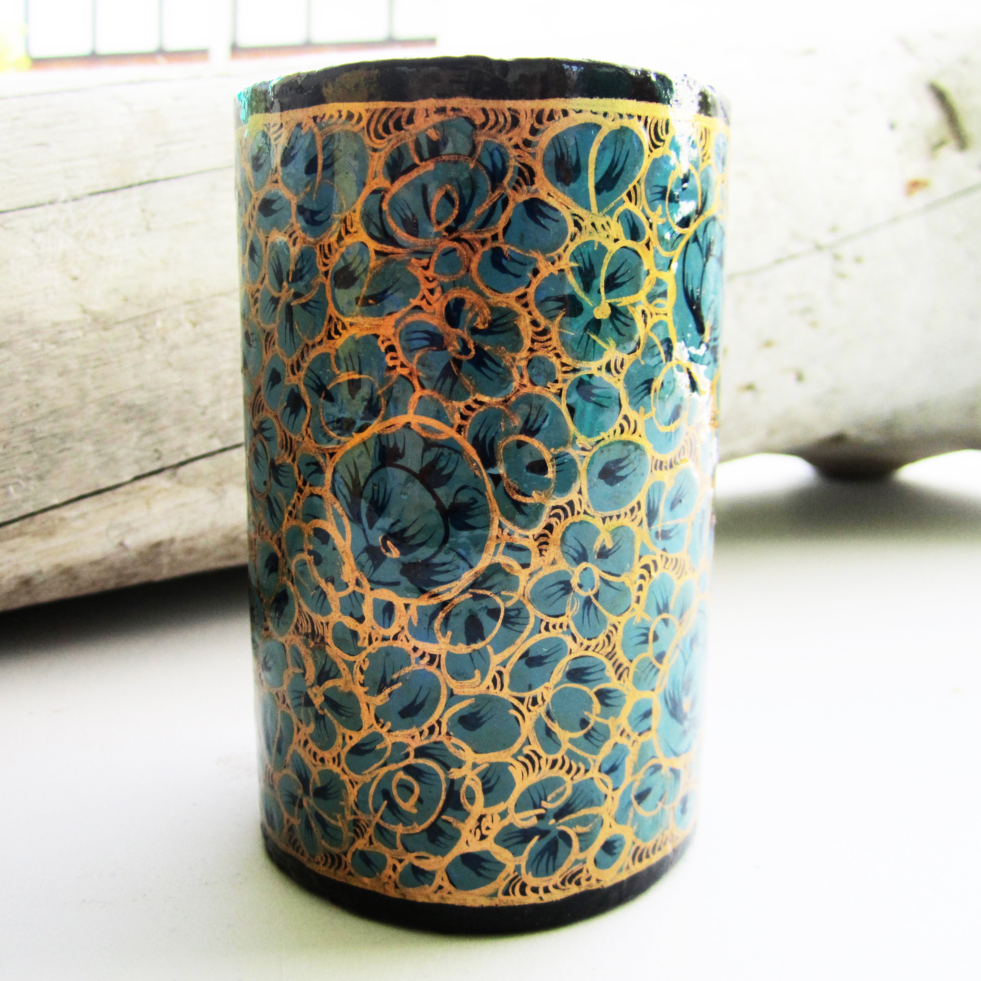 Paper Mache Pen Stand - Blue (Yellow flowers)