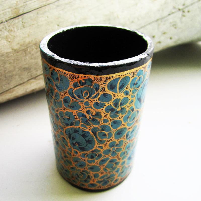 Paper Mache Pen Stand - Blue (Yellow flowers)