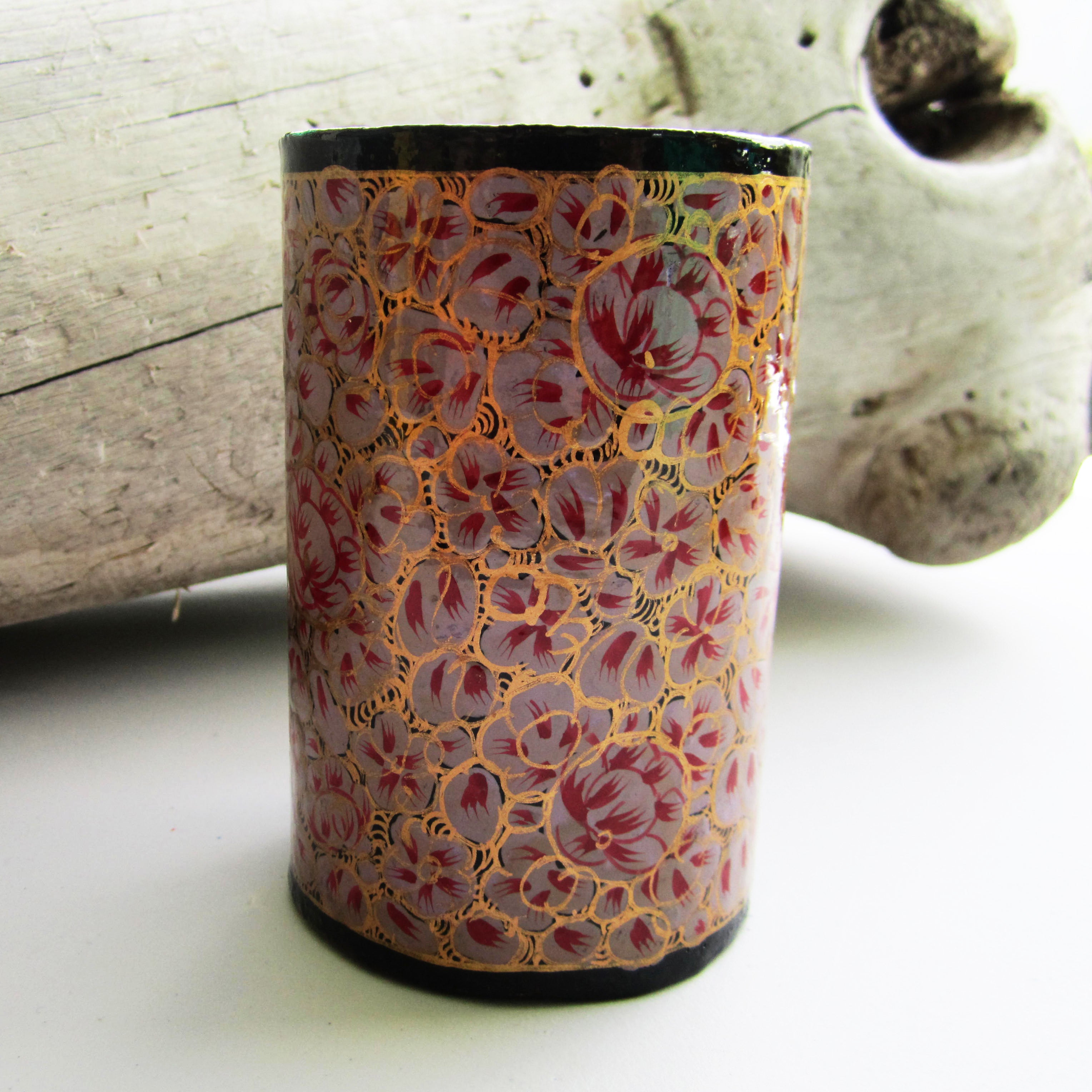Paper Mache Pen Stand - Grey (Gold and purple flowers)