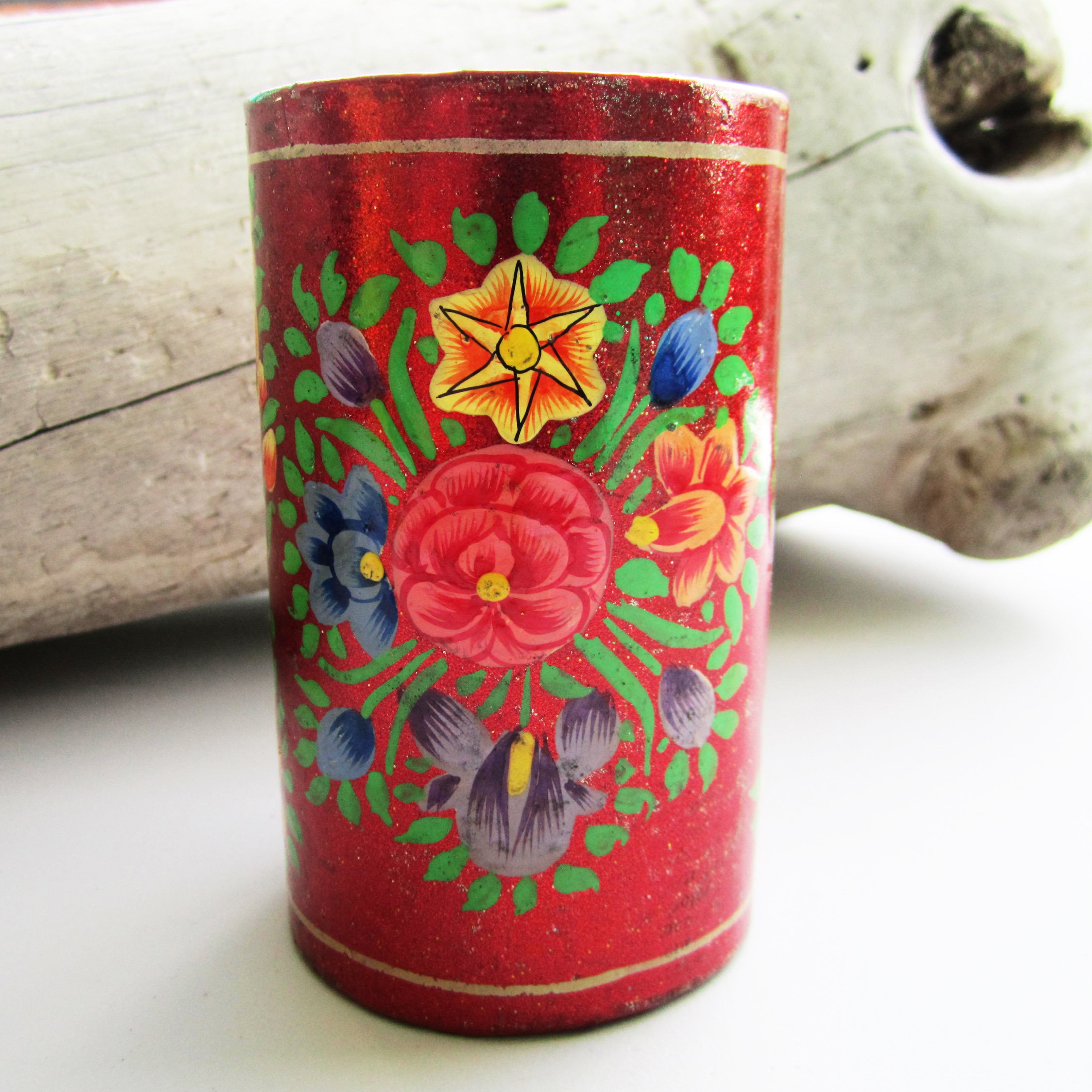 Paper Mache Pen Stand - Red (Yellow and Pink flowers and Green leaves)