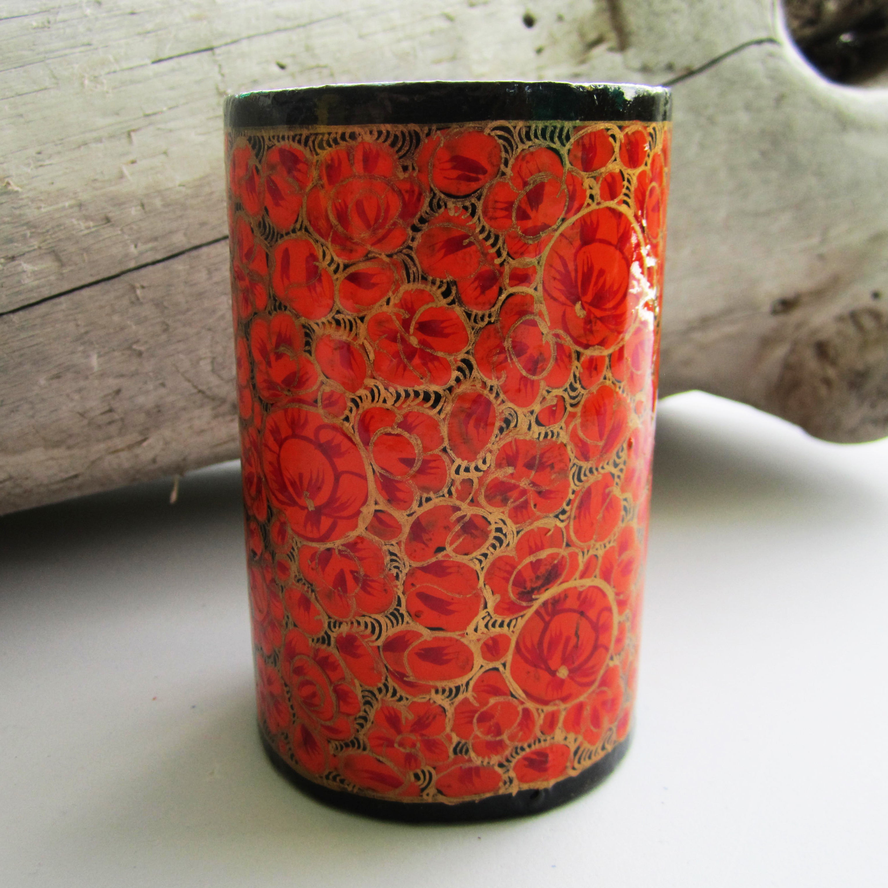 Paper Mache Pen Stand - Black (Gold and Organge flowers)