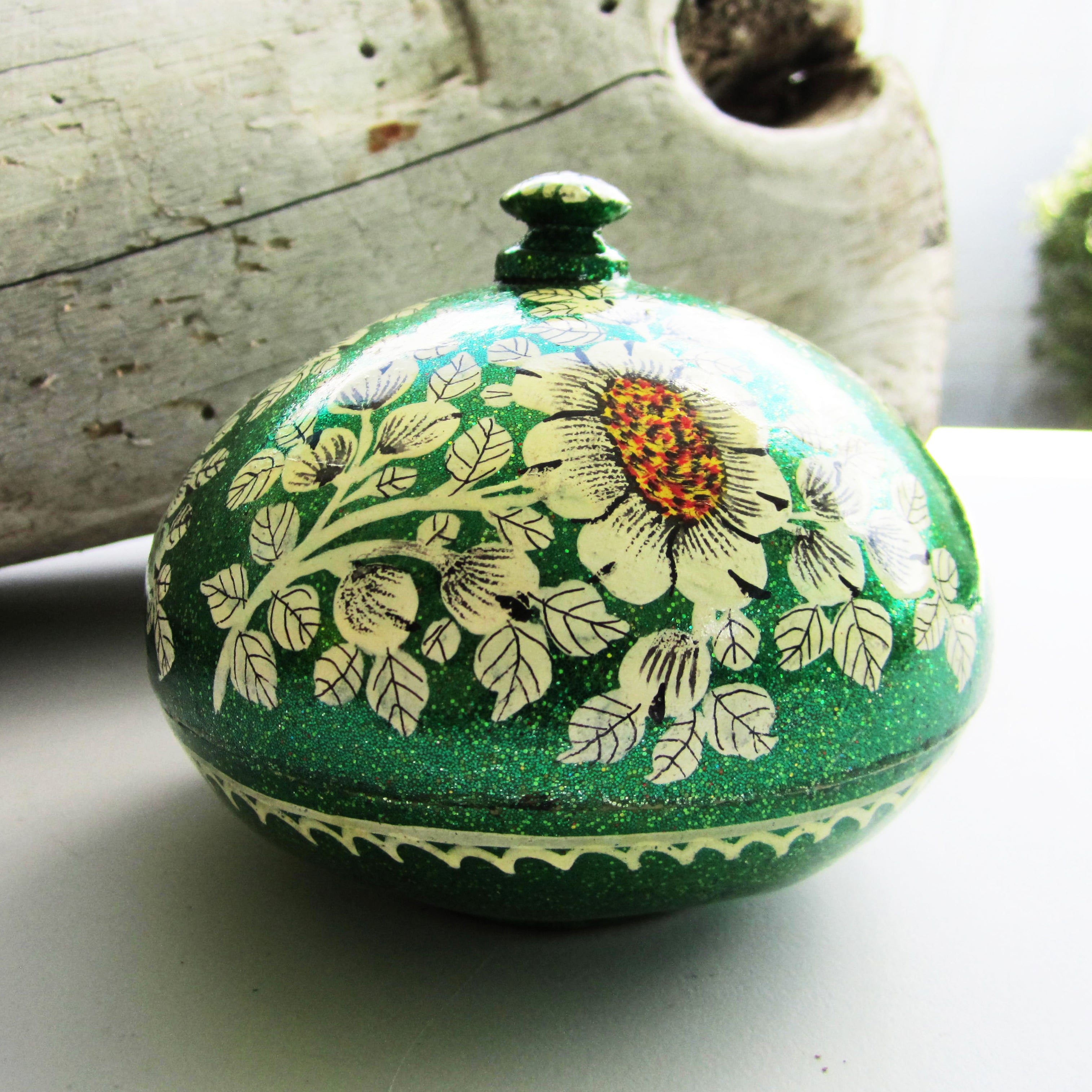 Paper Mache Round Gift Box - Green (Yellow flowers)