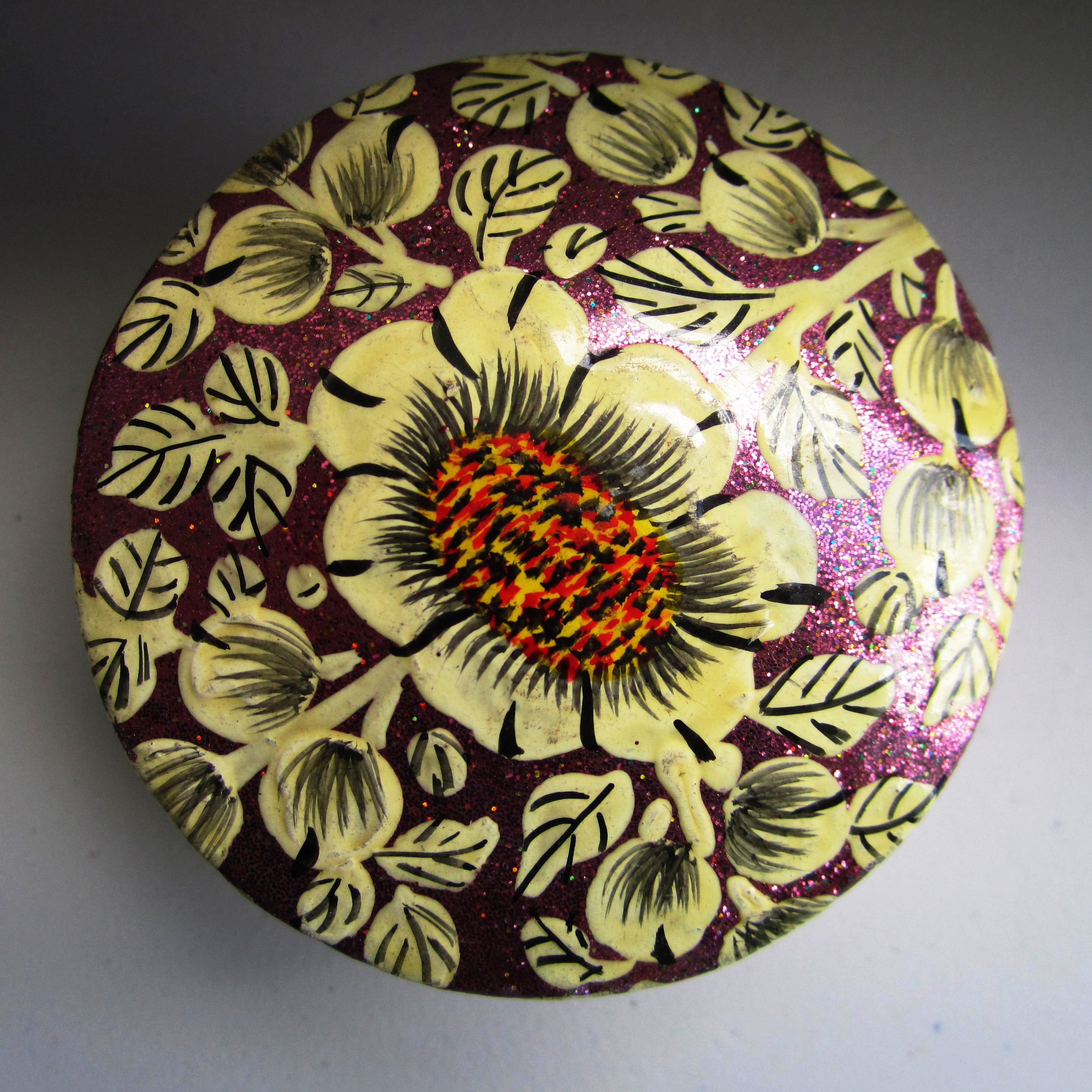 Paper Mache Small and Round Trinket Box - Dark Red (Yellow flowers)