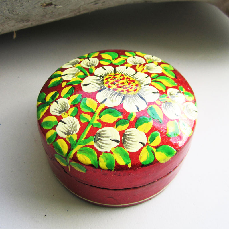 Paper Mache Small and Round Trinket Box - Red (Yellow, White and Green flowers)