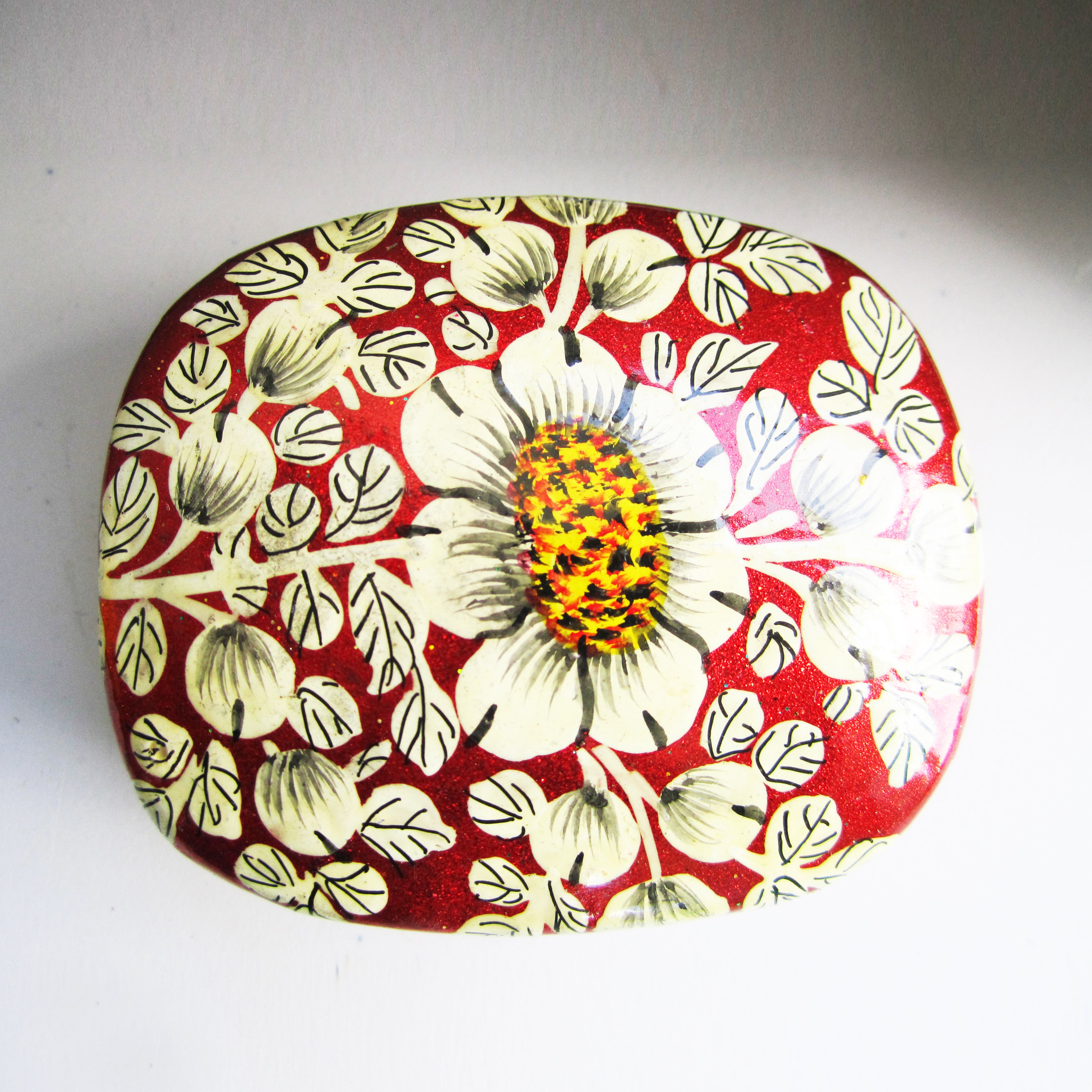 Paper Mache Square Trinket Box - Red (White flowers)