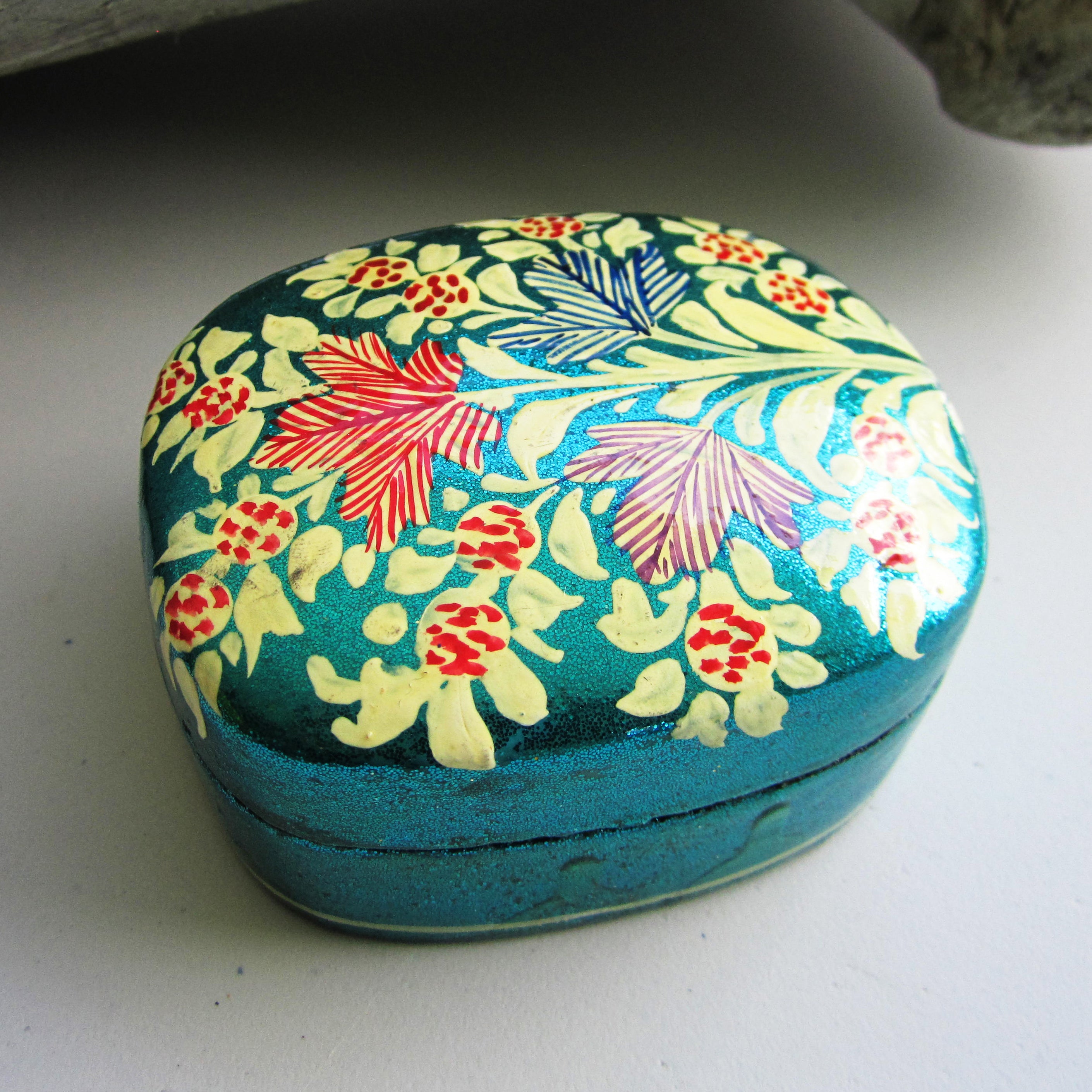 Paper Mache Square Trinket Box - Blue (Yellow flowers)