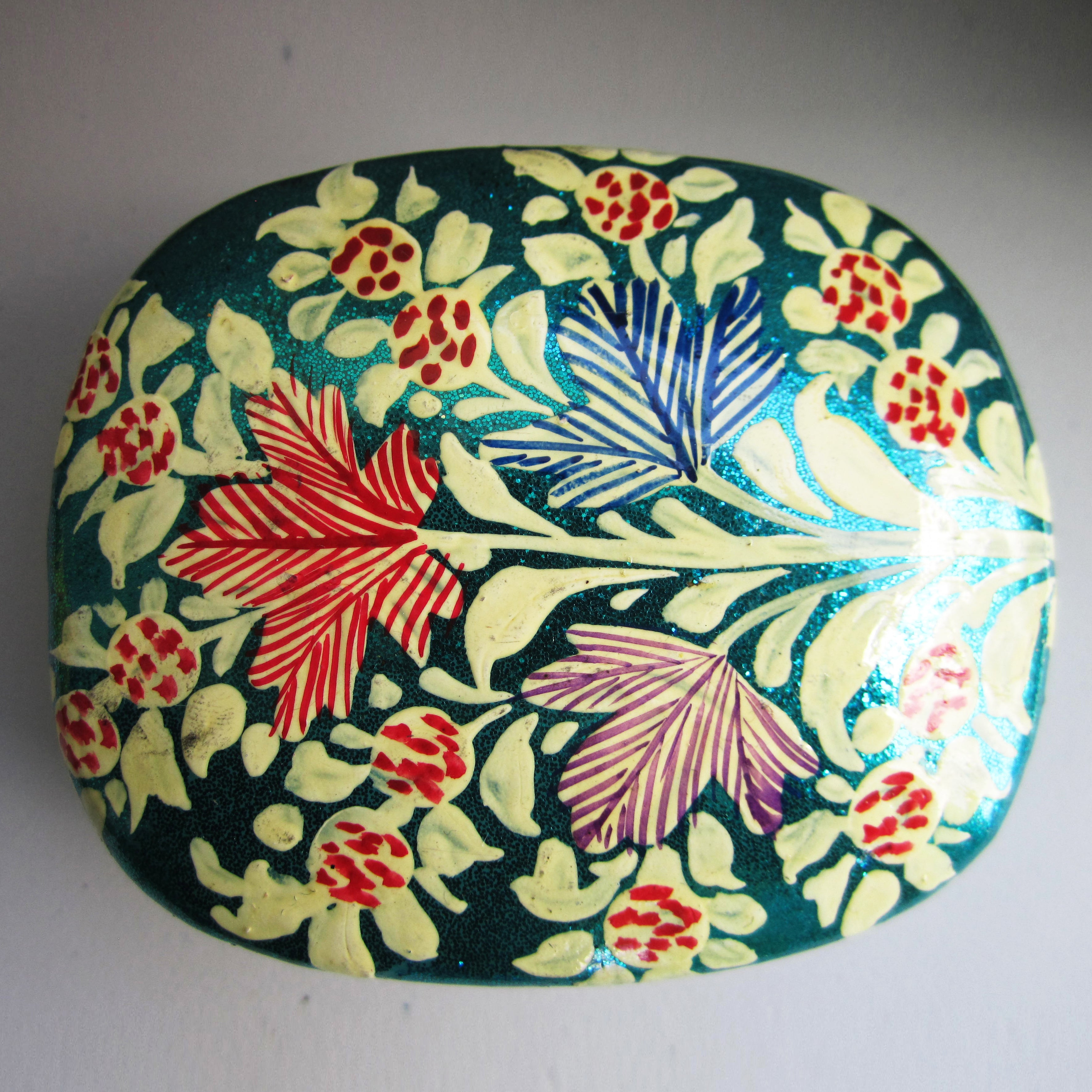 Paper Mache Square Trinket Box - Blue (Yellow flowers)