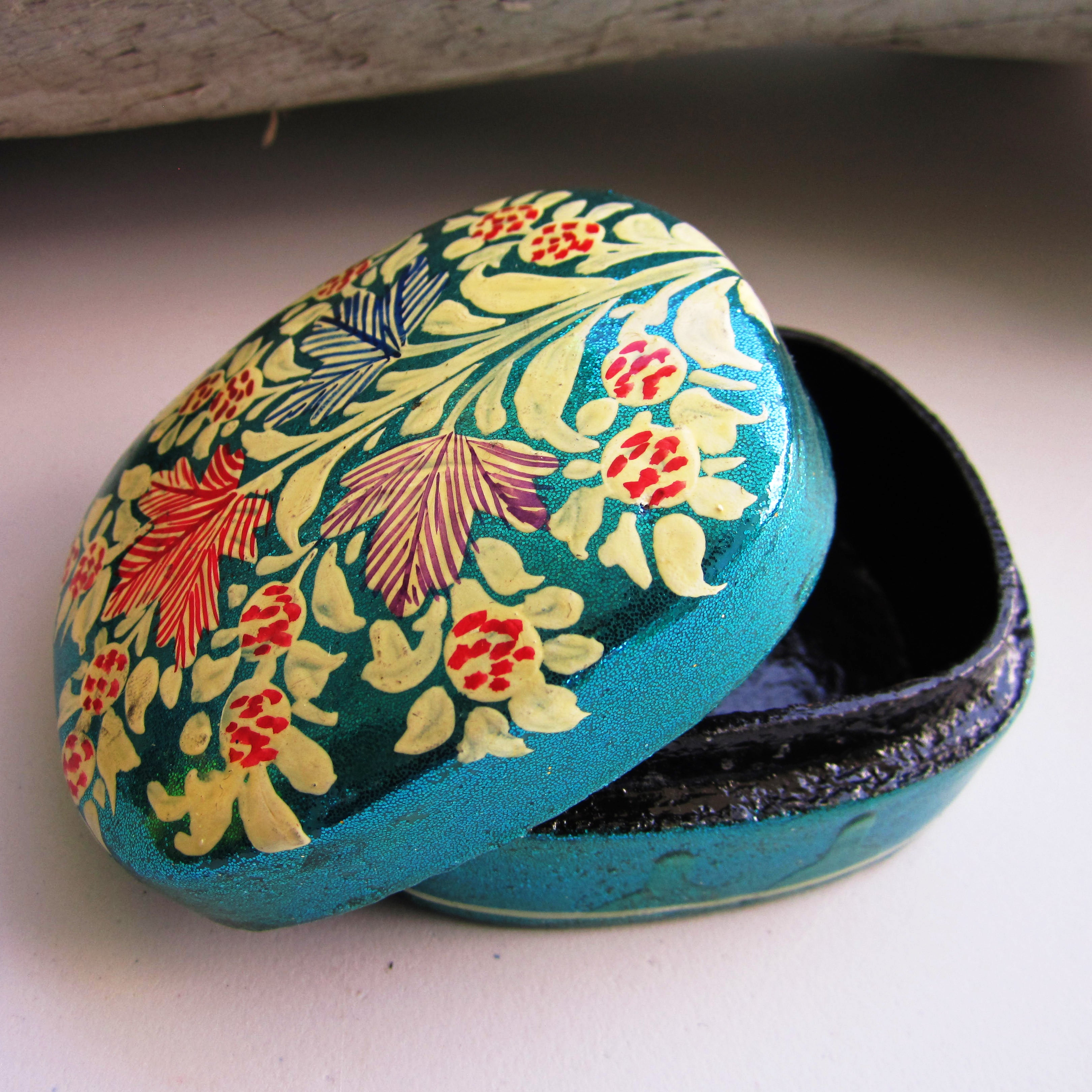 Paper Mache Square Trinket Box - Blue (Yellow flowers)