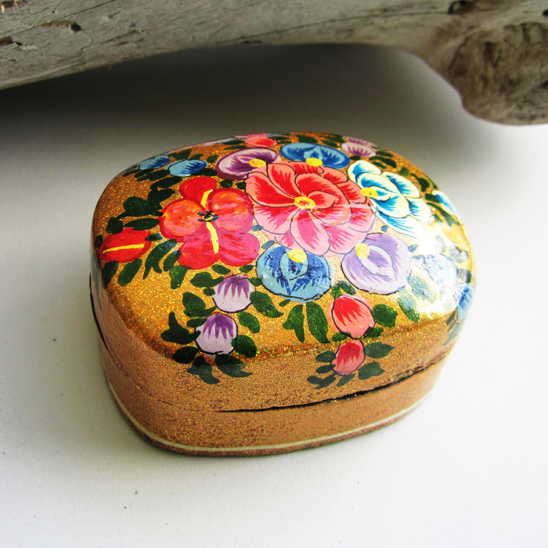 Paper Mache Square Trinket Box - Gold (Multicoloured flowers)