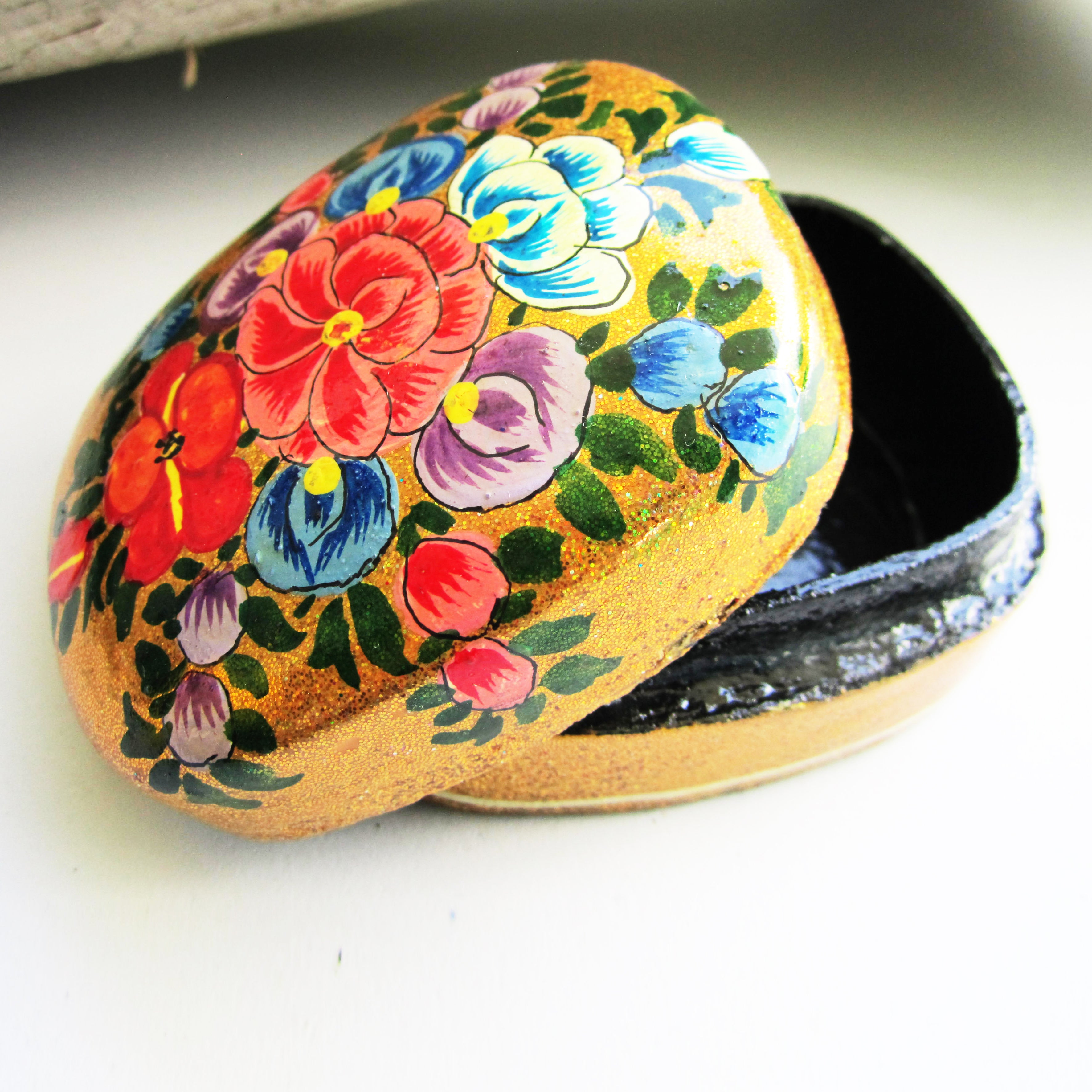 Paper Mache Square Trinket Box - Gold (Multicoloured flowers)