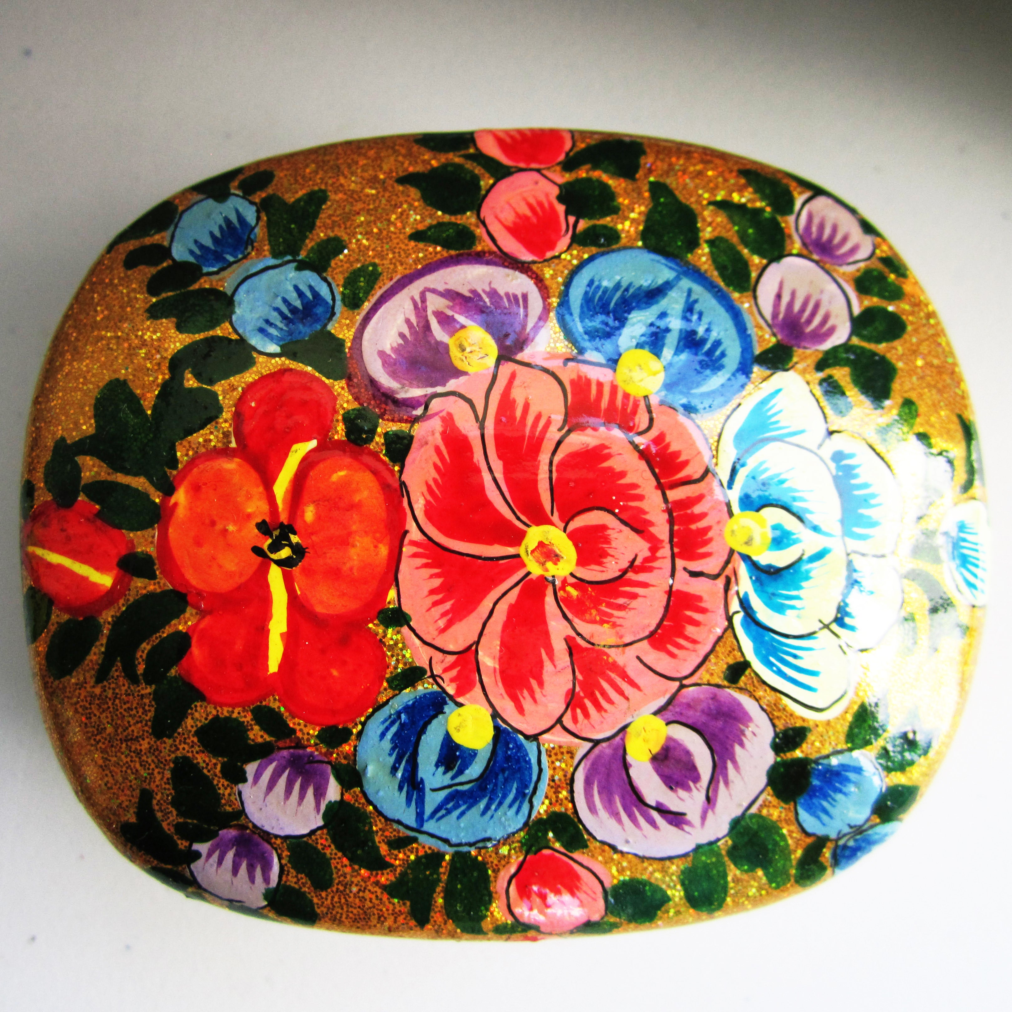 Paper Mache Square Trinket Box - Gold (Multicoloured flowers)