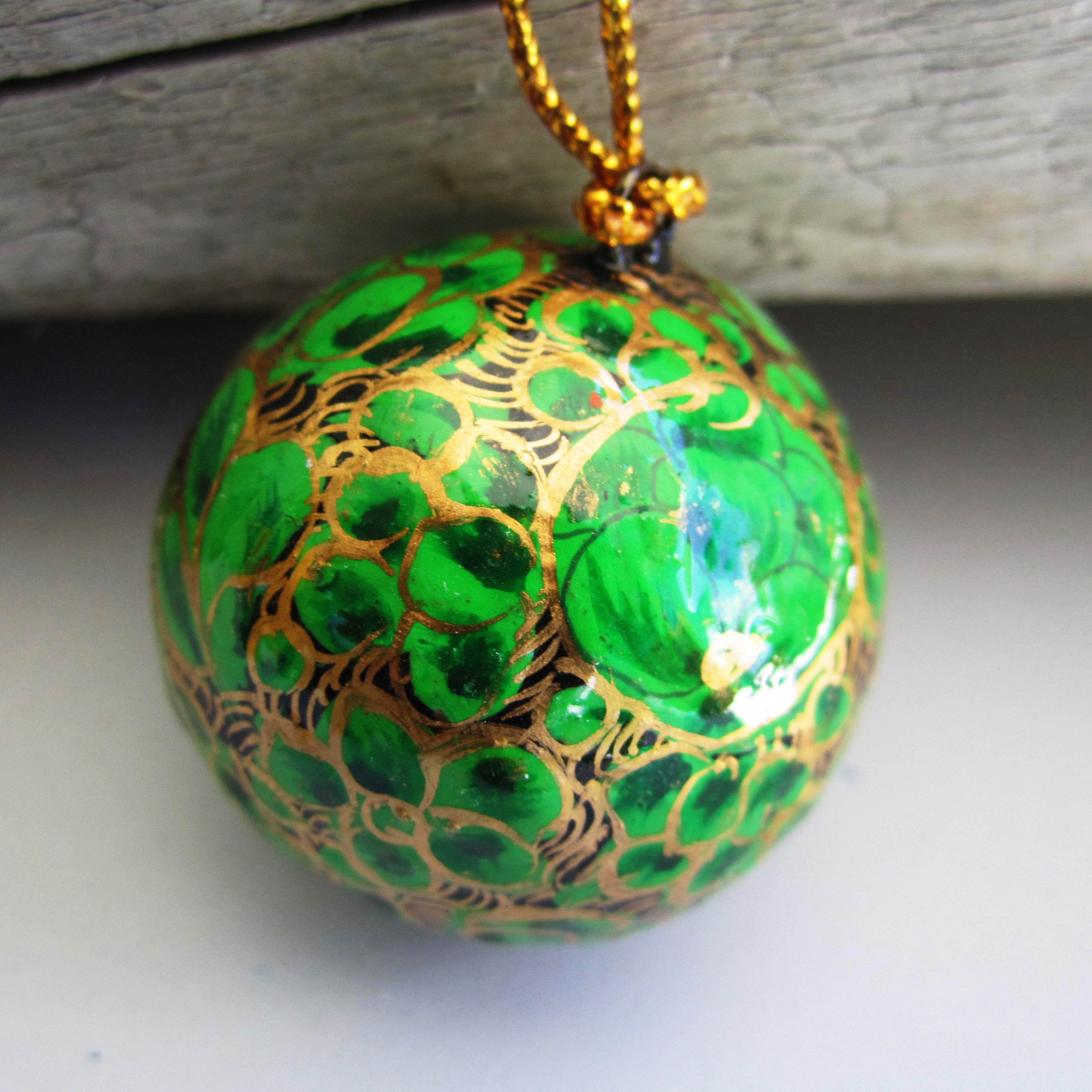 Paper Mache Ball - Green (Golden flowers)