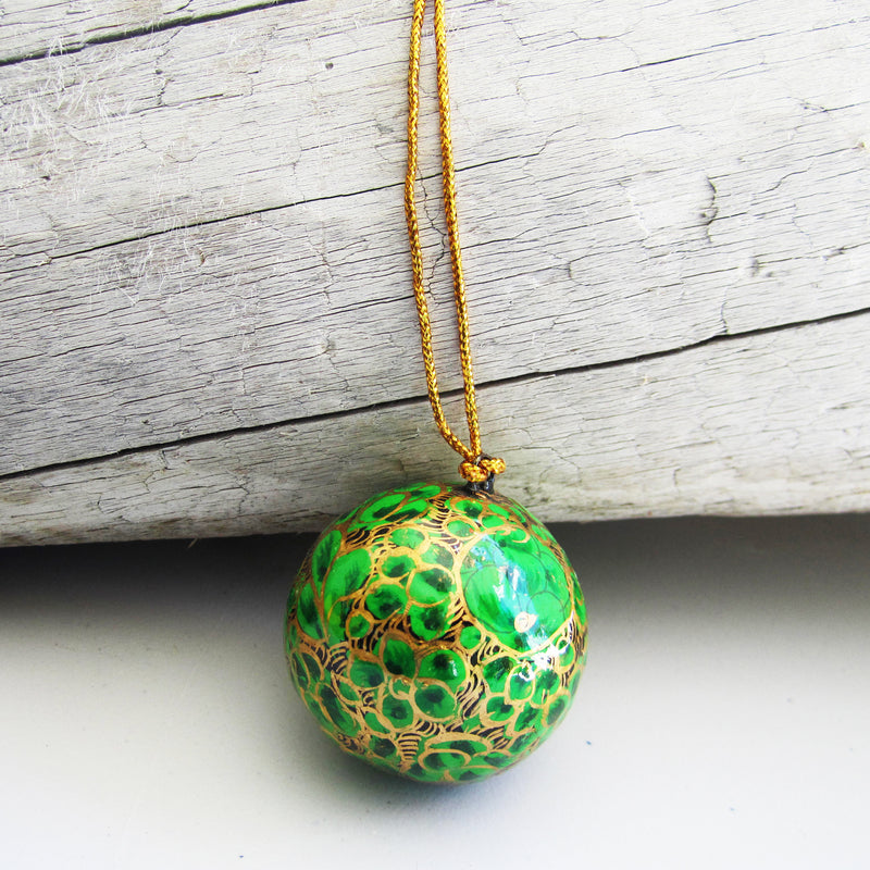 Paper Mache Ball - Green (Golden flowers)