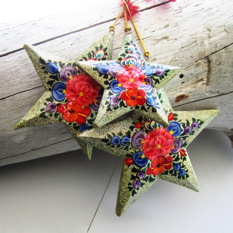 Paper Mache Star - Grey (Red flowers)