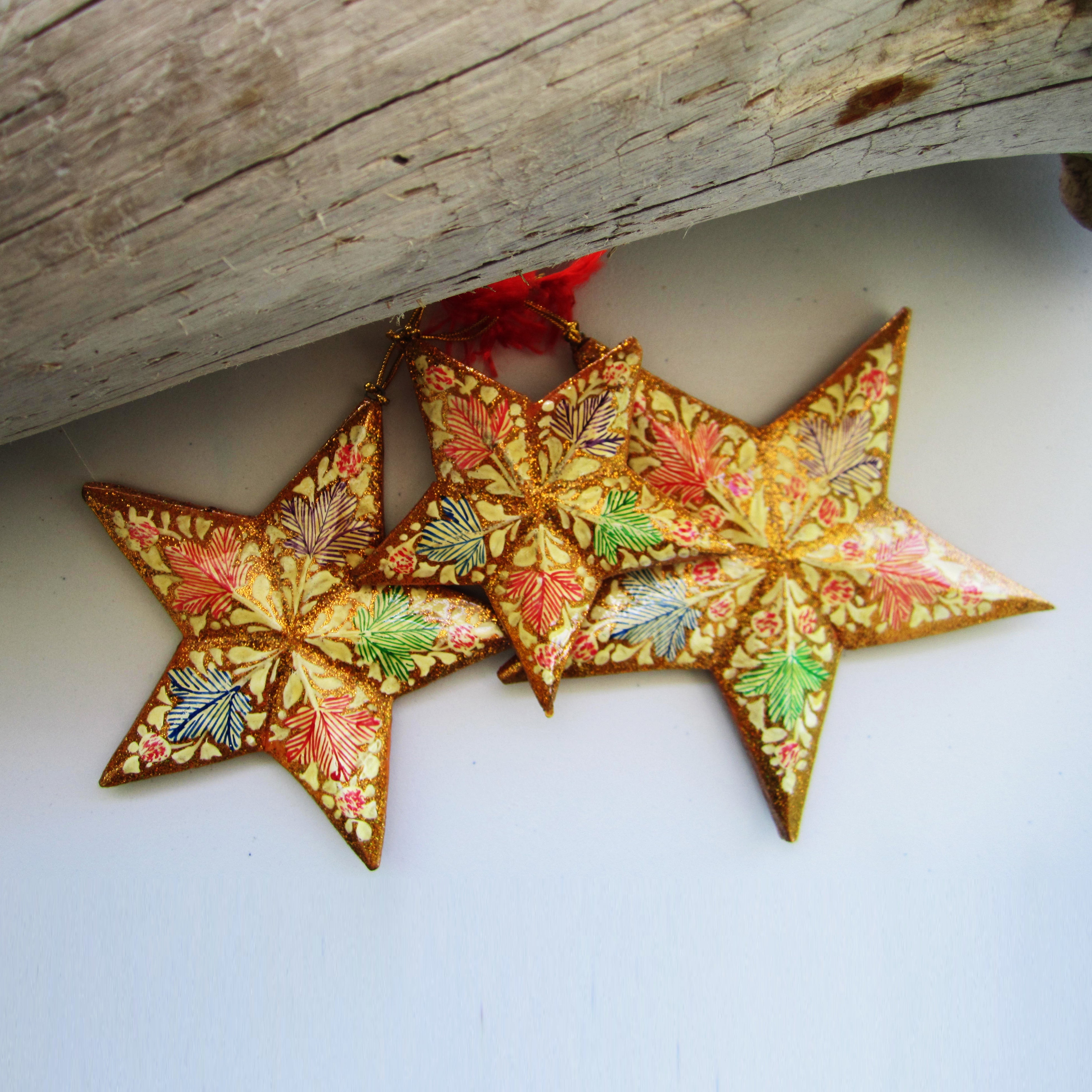 Paper Mache Star - Golden (Green, Orange and Blue Pattern)
