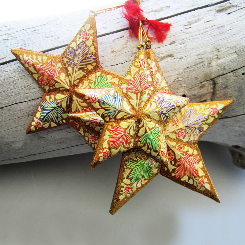 Paper Mache Star - Golden (Green, Orange and Blue Pattern)