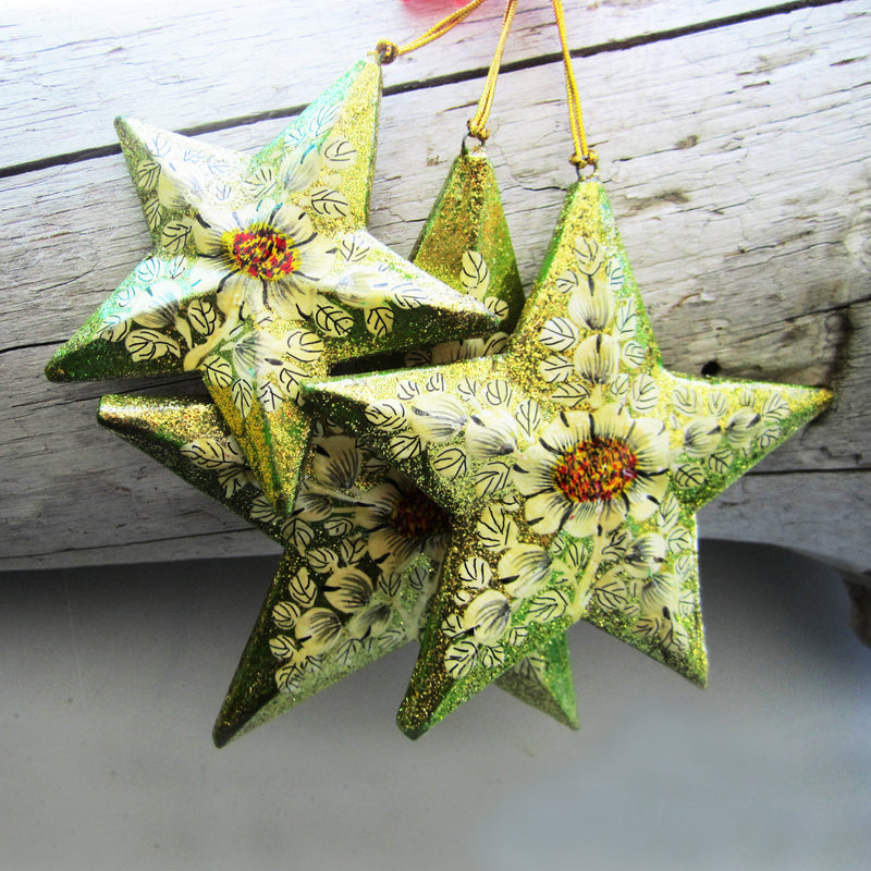 Paper Mache Star - Green (White flowers)