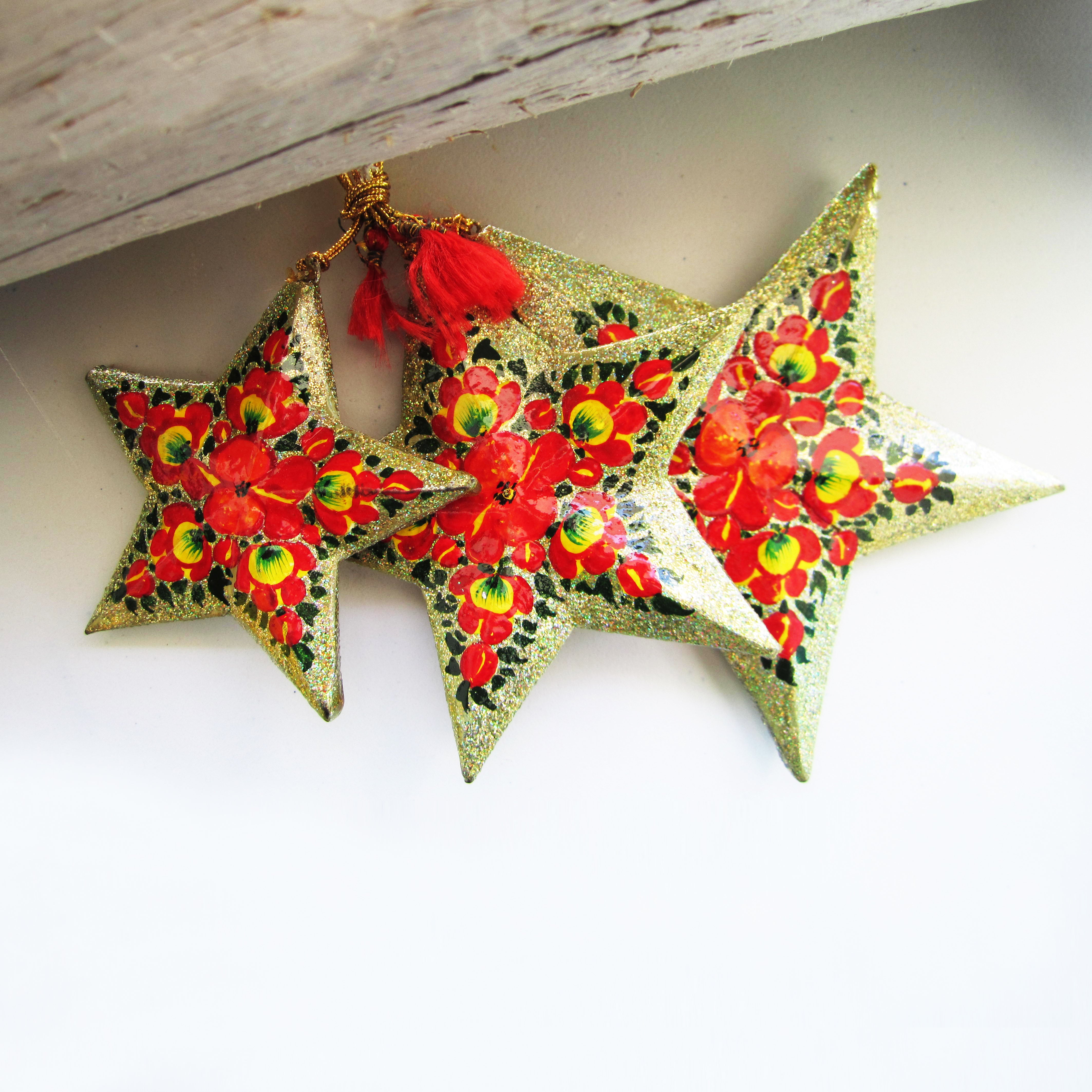 Paper Mache Star - Grey (Red and Yellow flowers)