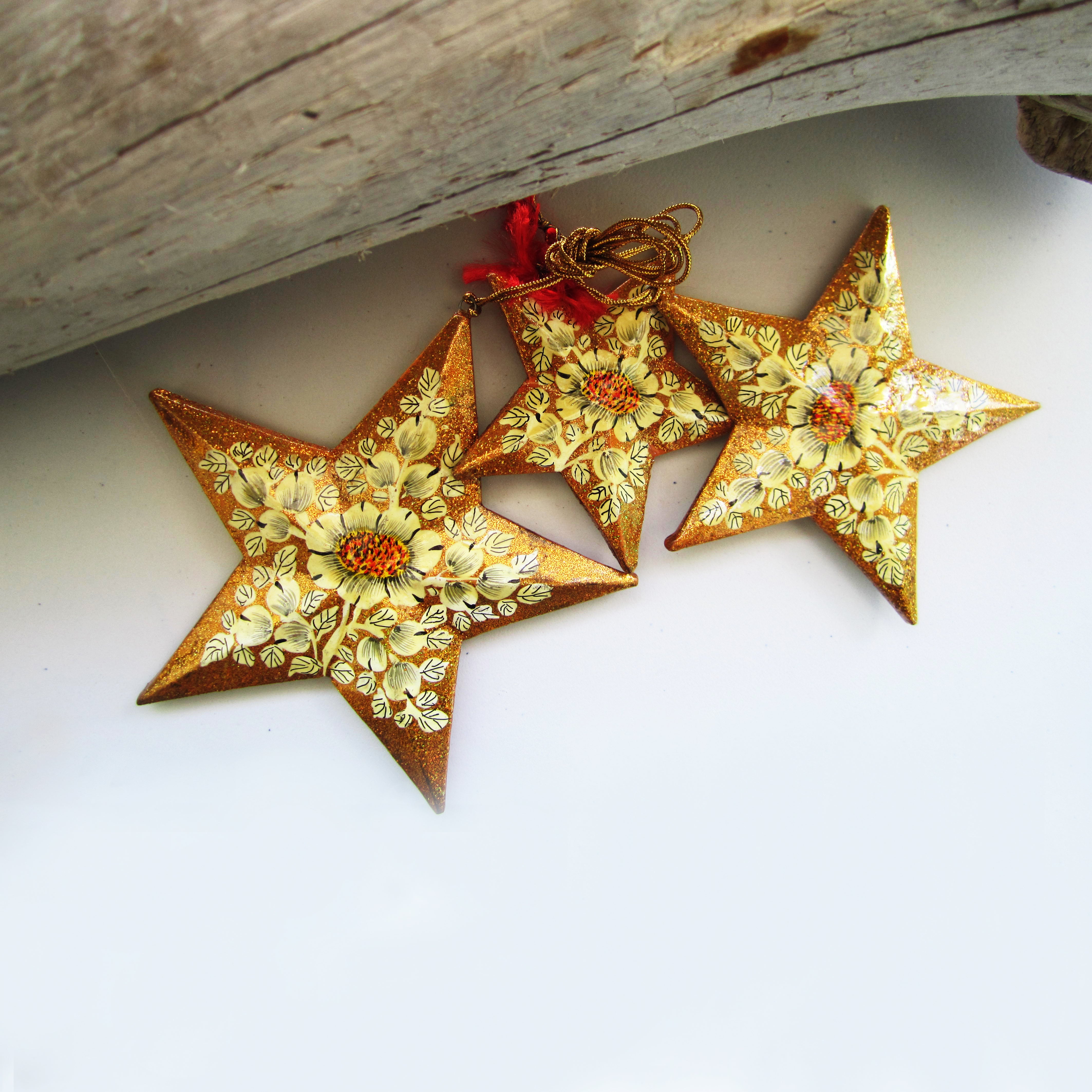 Paper Mache Star - Golden (Yellow flowers)