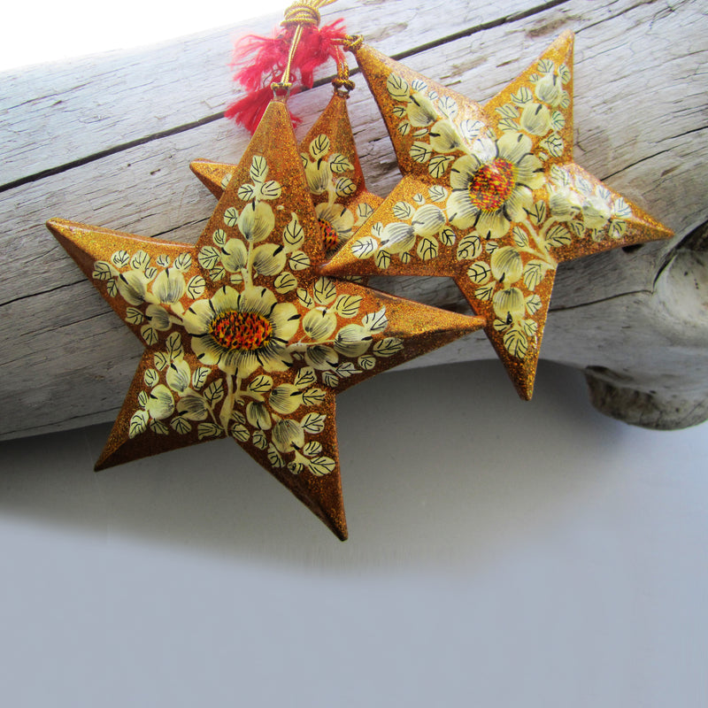 Paper Mache Star - Golden (Yellow flowers)