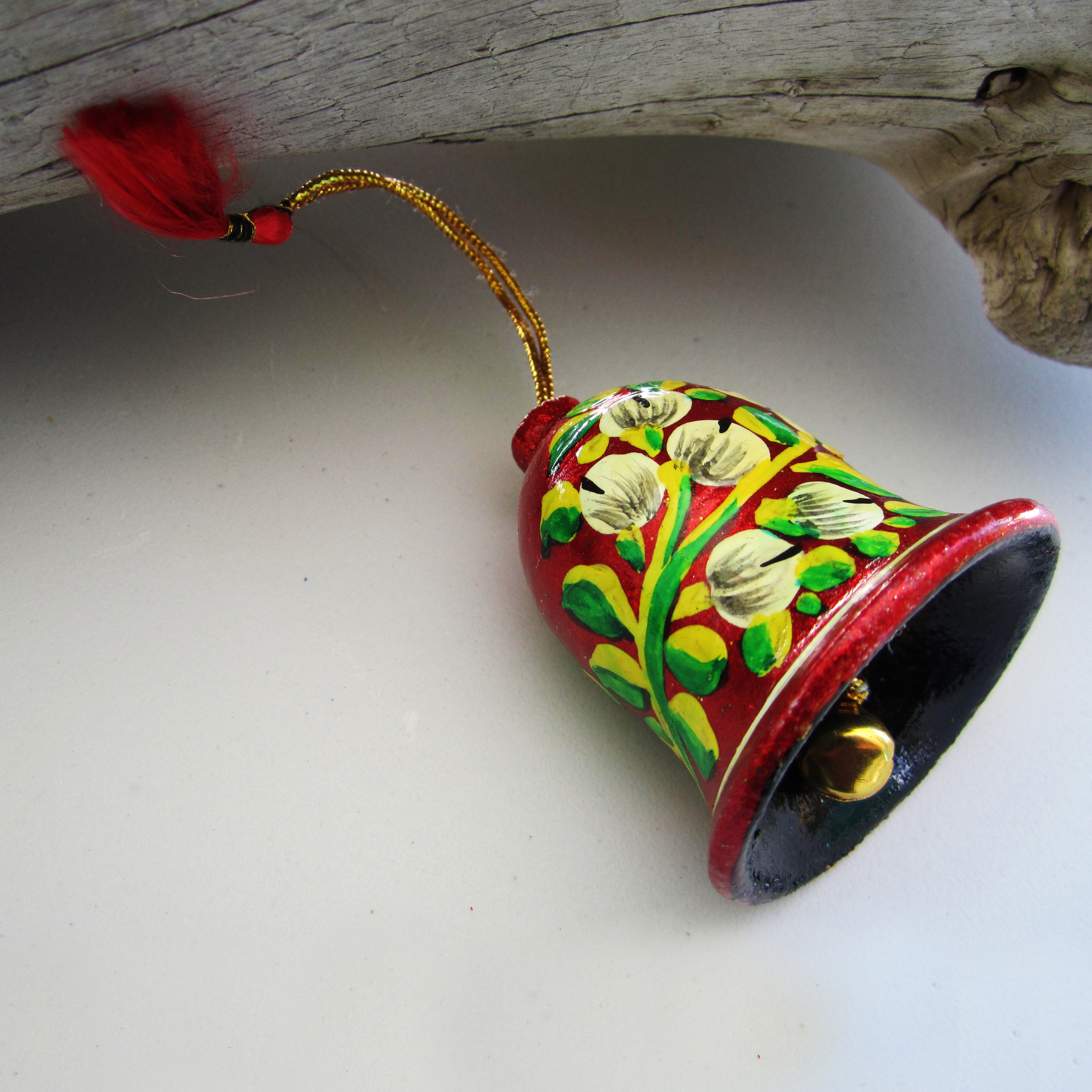 Paper Mache Bell - Red (White, Yellow and Green flowers)