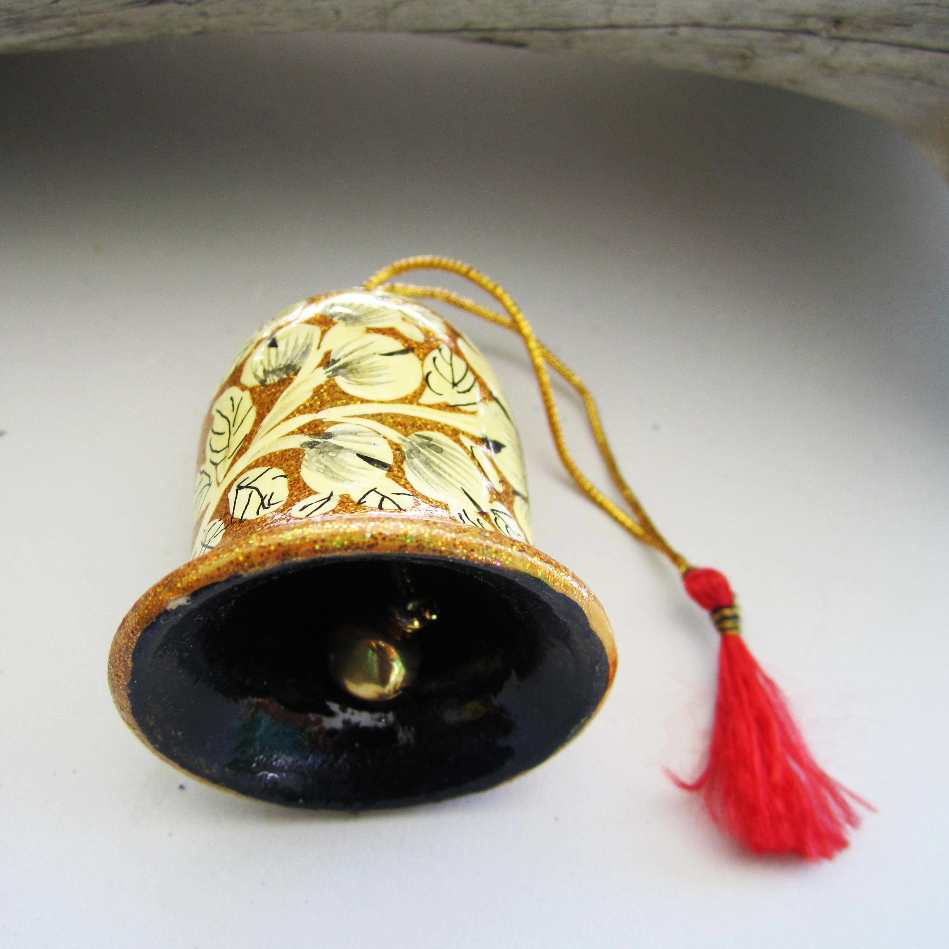 Paper Mache Bell - Golden (White flowers)