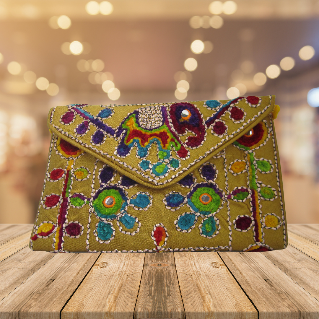 Embroidered Ethnic Boho Shoulder Crossbody Bag - Beige with green flower