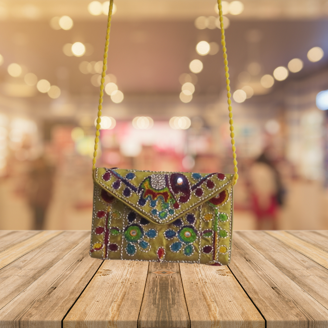 Embroidered Ethnic Boho Shoulder Crossbody Bag - Beige with green flower