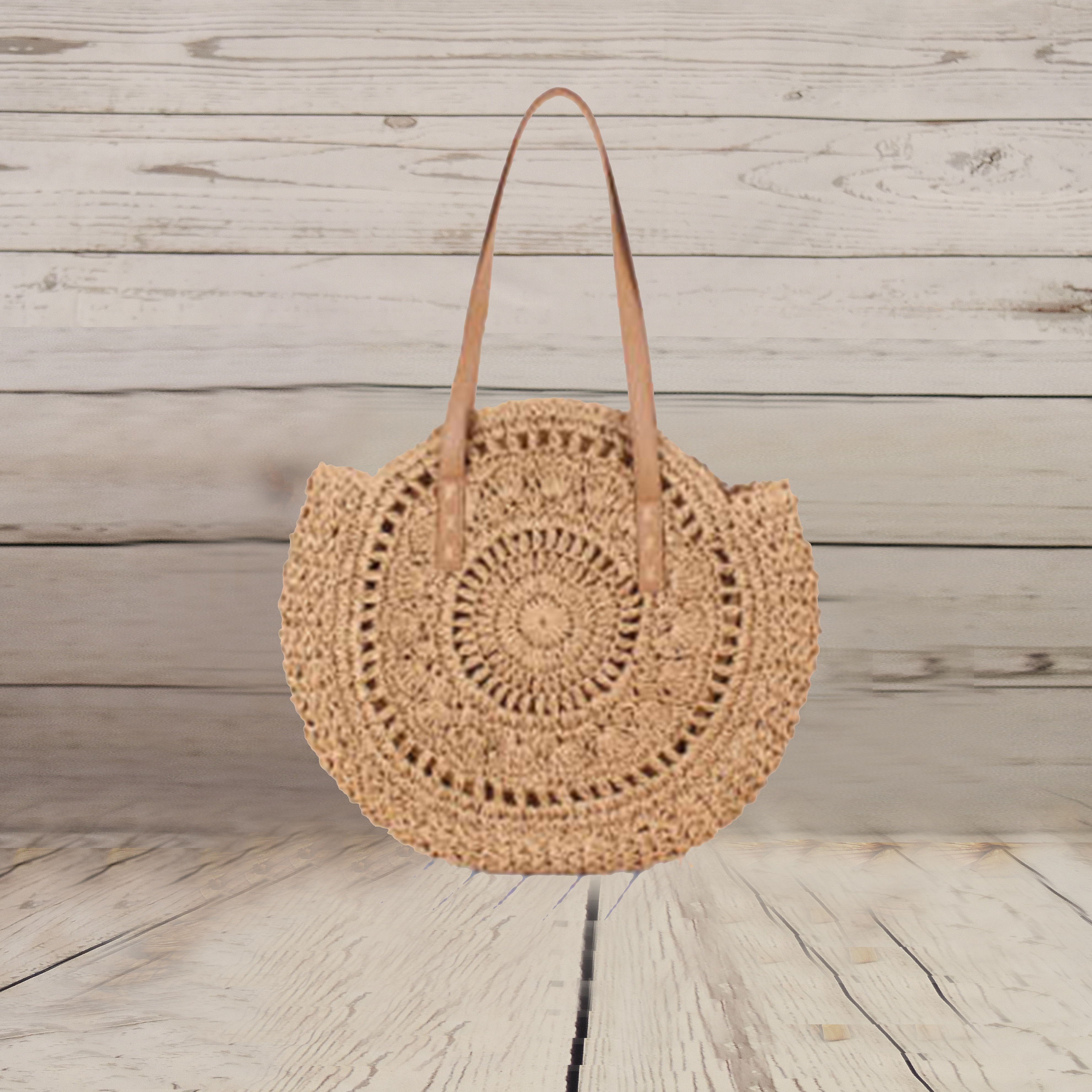 Handmade Round Women Straw/Rattan Shoulder Bag - Dark Beige