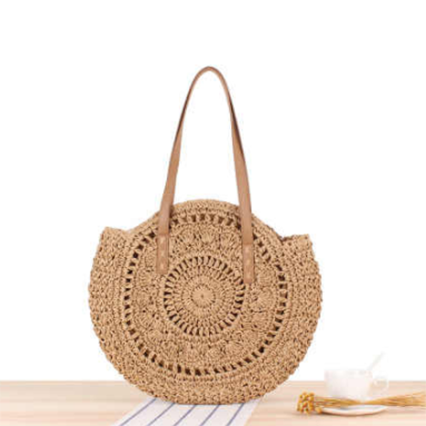 Handmade Round Women Straw/Rattan Shoulder Bag - Dark Beige