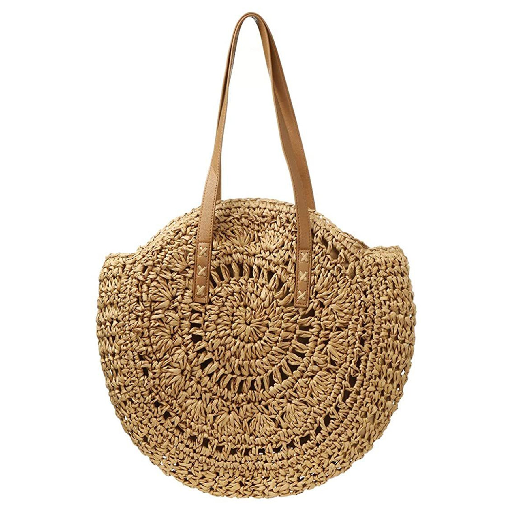 Handmade Round Women Straw/Rattan Shoulder Bag - Dark Beige
