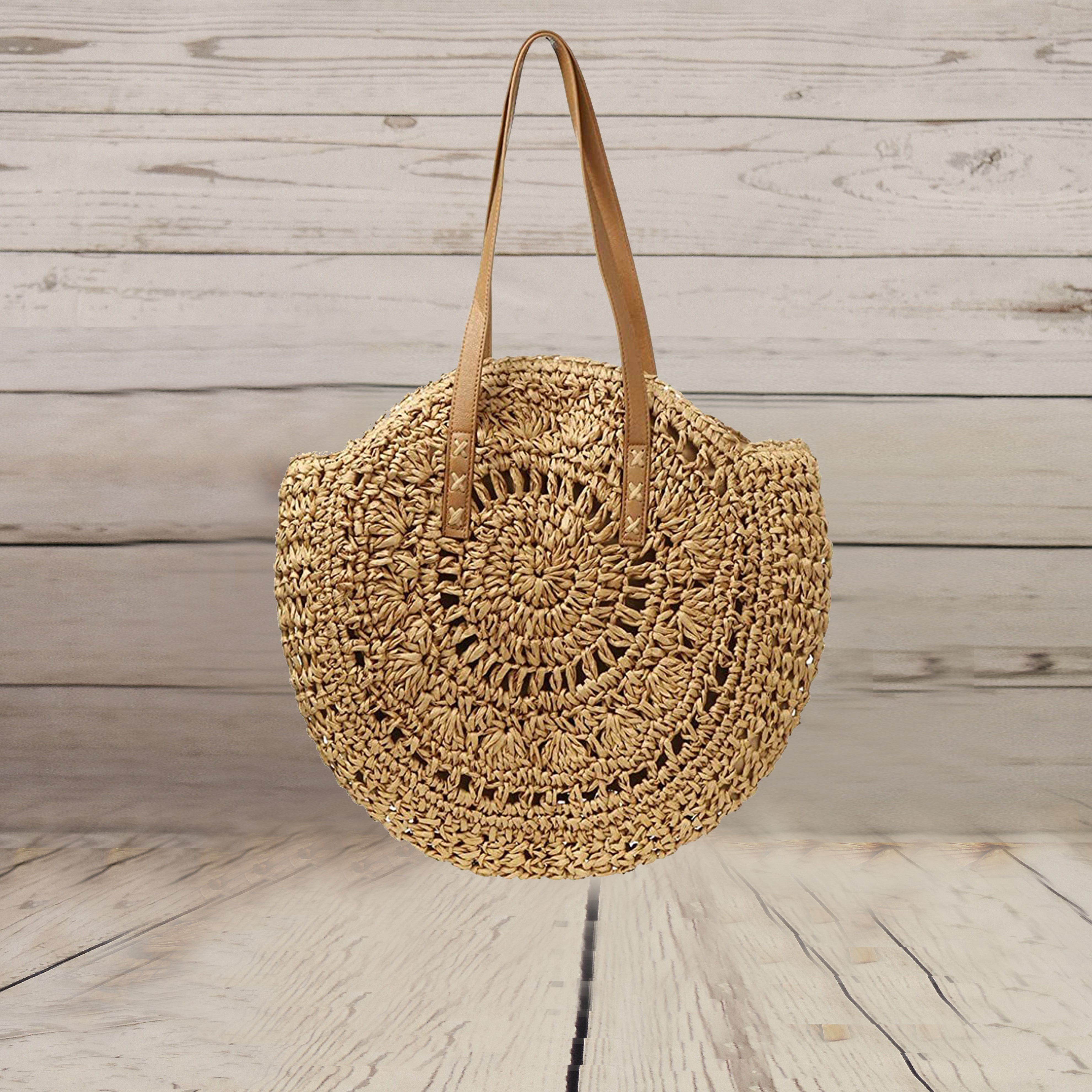 Handmade Round Women Straw/Rattan Shoulder Bag - Dark Beige