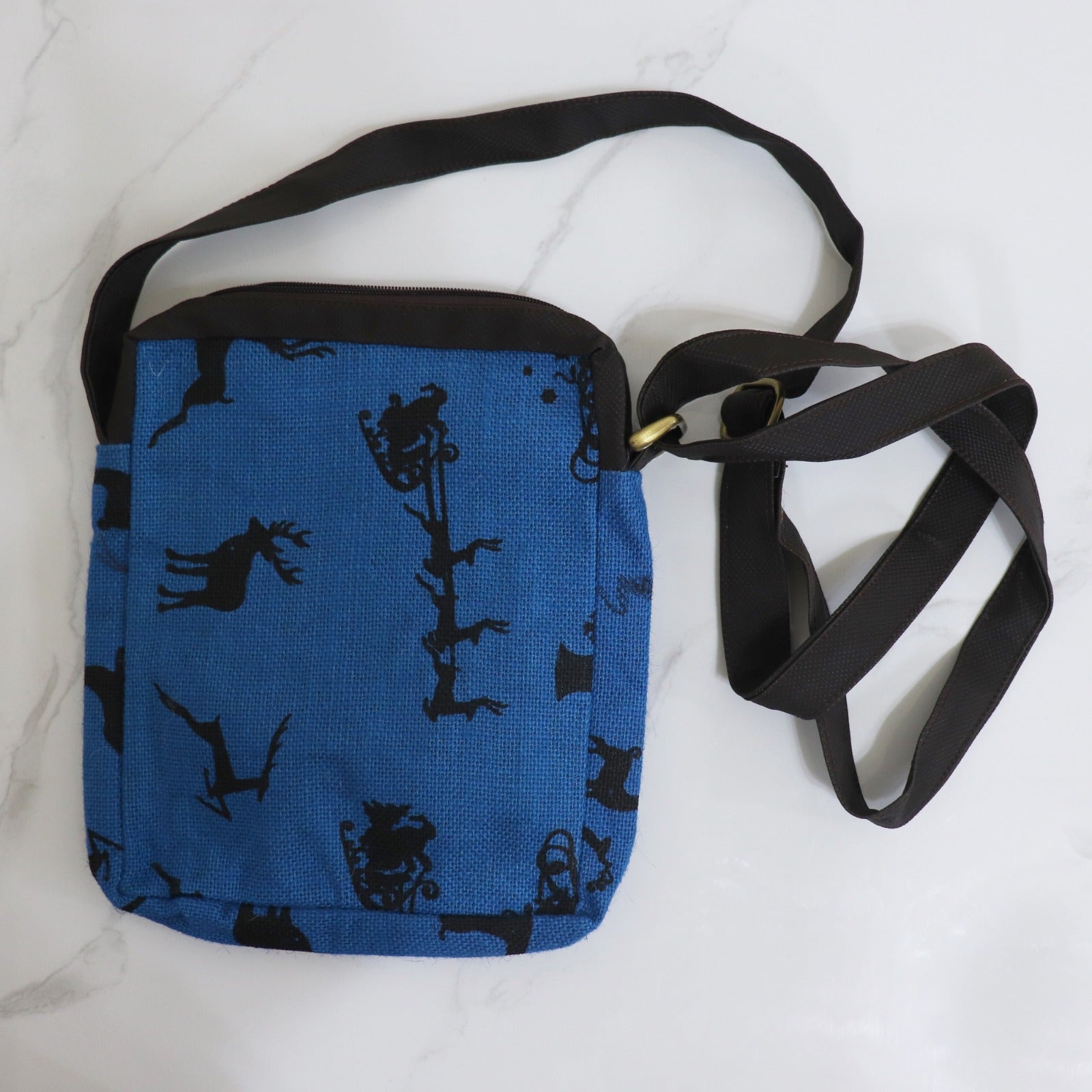 Reindeer Jute Christmas Sling Bag - BLUE