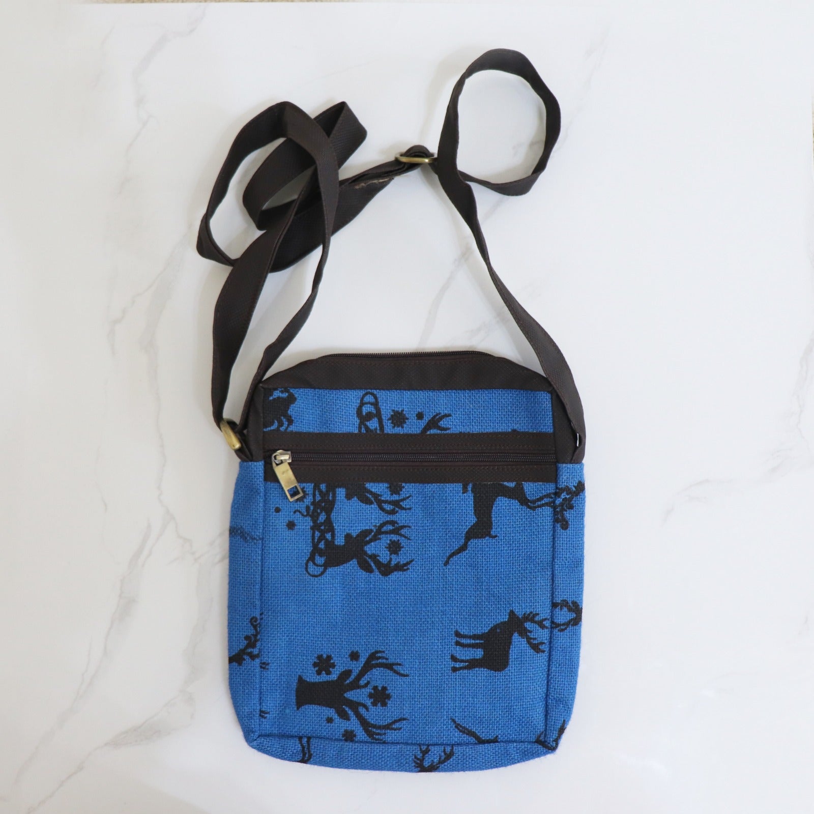 Reindeer Jute Christmas Sling Bag - BLUE