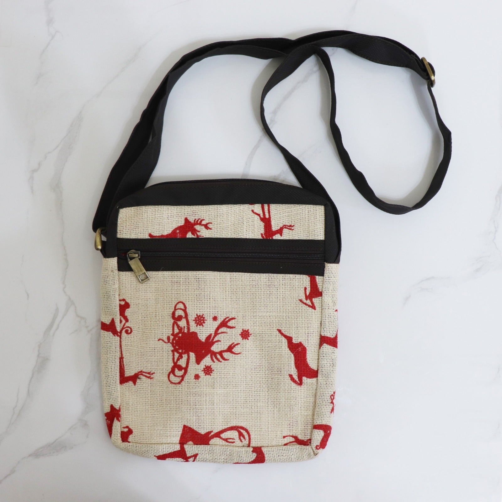 Reindeer Jute Christmas Sling Bag - CREAM