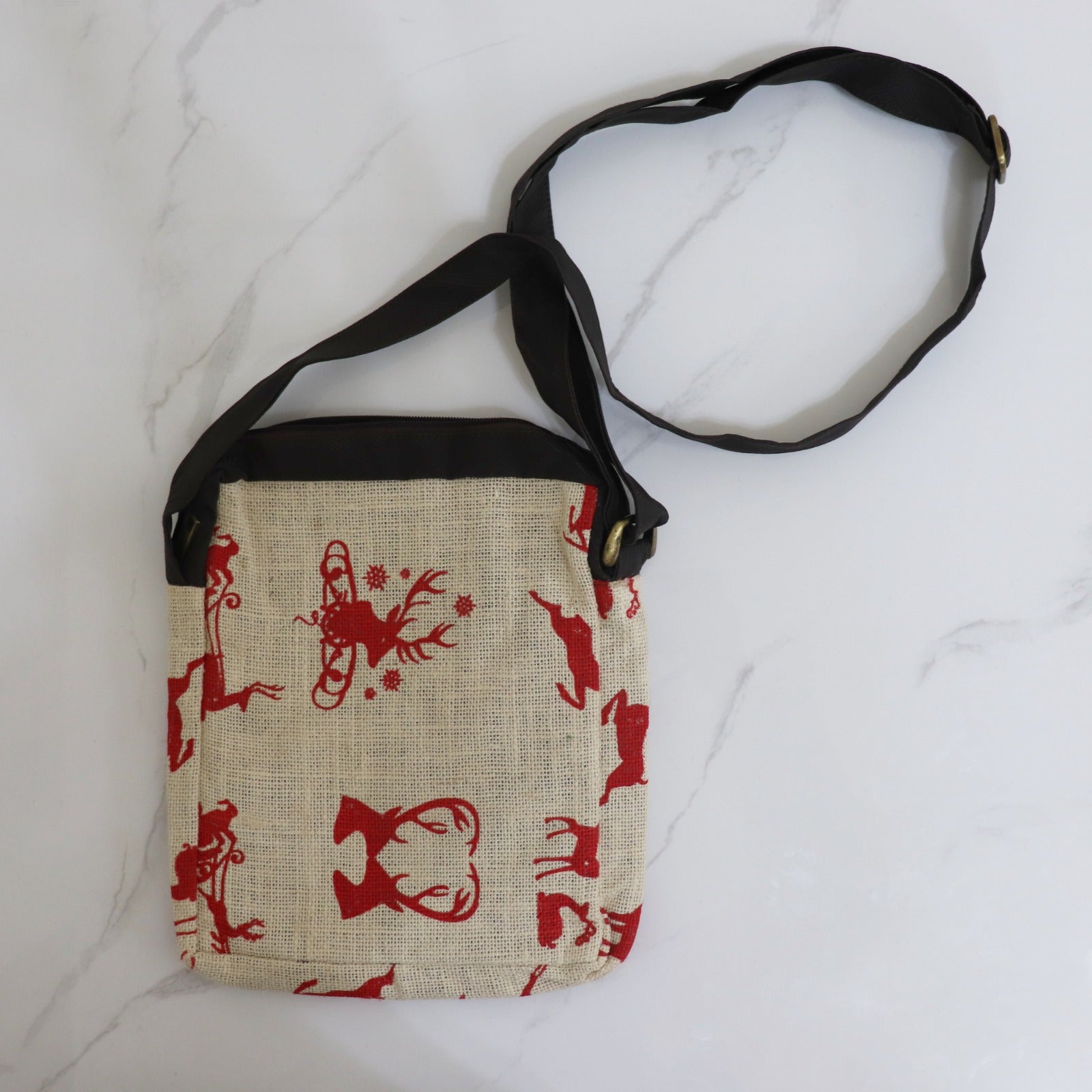 Reindeer Jute Christmas Sling Bag - CREAM