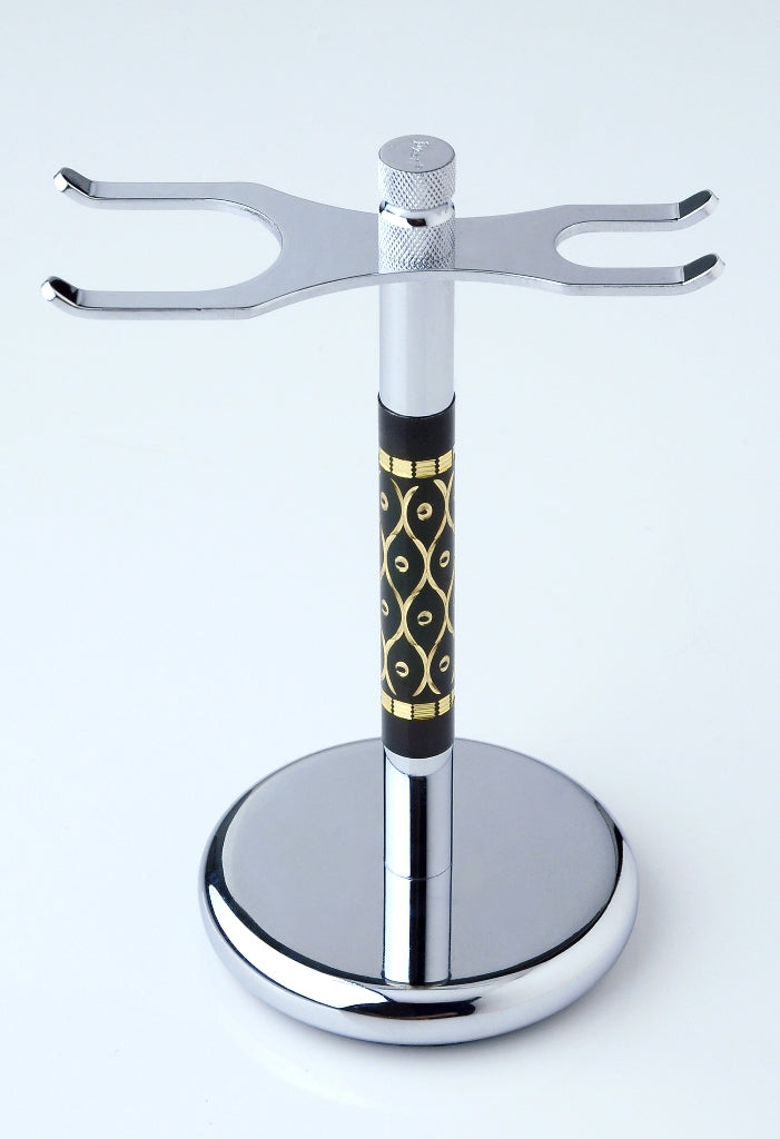 Pearl Safety Razor and Shave Brush Holder Stand Chrome Finished (Black & Gold Spiral Pattern)