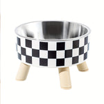 Stainless Steel Elevated Pet Food Bowl – Black & White Checkerboard