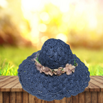 Crochet Crisscross Woven (Floral Ribbon) Straw Hats - Navy Blue
