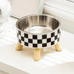 Stainless Steel Elevated Pet Food Bowl – Black & White Checkerboard
