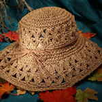 Crochet Crisscross Woven (Ribbon) Straw Hats - Khaki