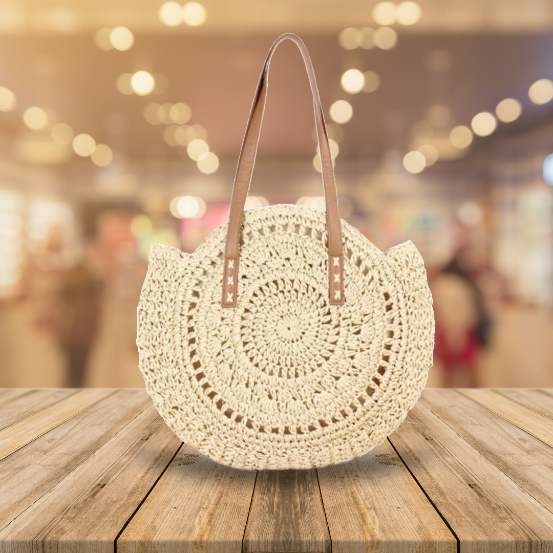 Handmade Round Women Straw/Rattan Shoulder Bag - Beige –