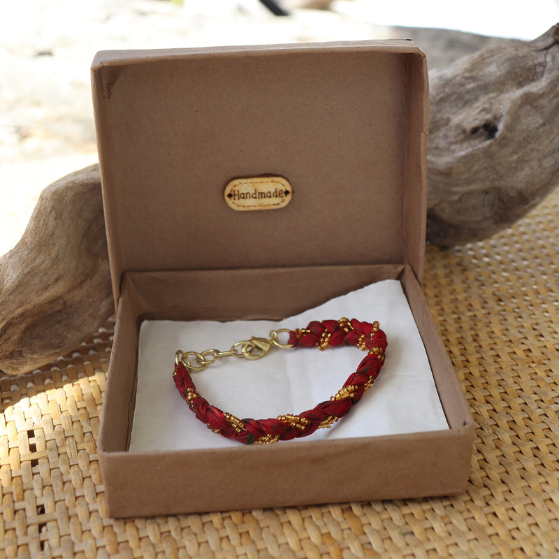 Red with Golden Beads - Handmade Vintage Cloth Bracelets